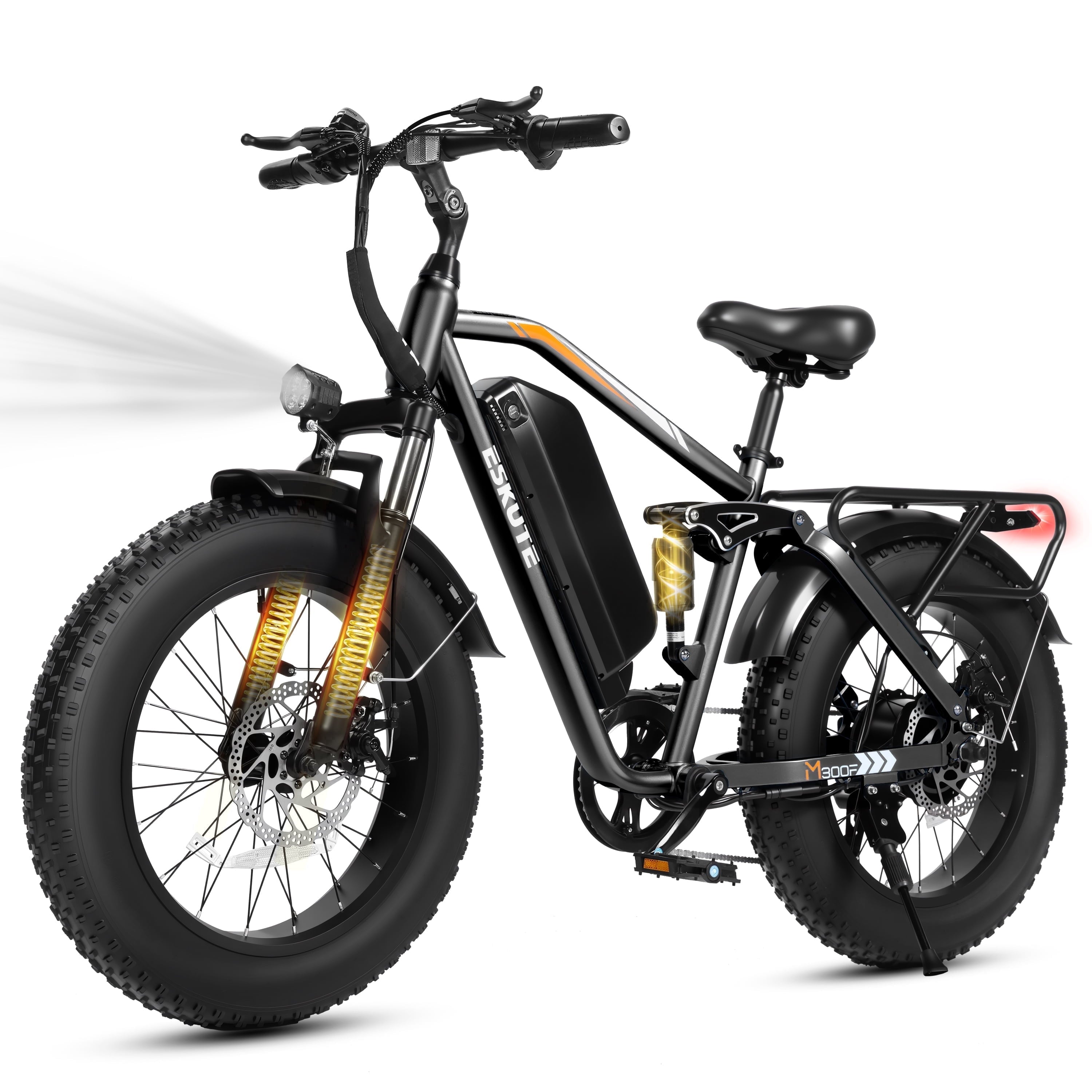 ESKUTE M300F Full Suspension Electric Bike, 20 Fat Tire Ebike, 48V 20.8Ah Removable Battery, 1200W Peak Motor, 7-Speed, Up to 80 Miles, Black, UL2849 Electric Bikes