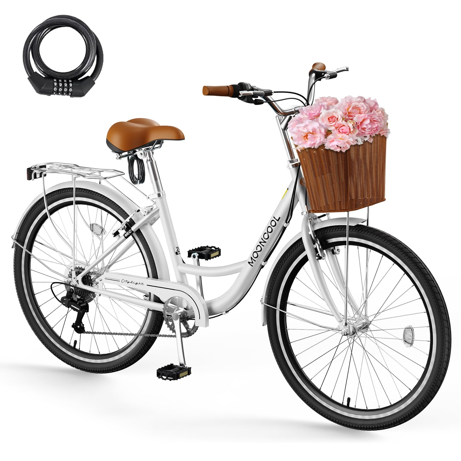 MOONCOOL 24/26 Inch Cruiser Bike for Women, 7 Speed Step-Through Bicycle with Basket, Rear Rack & Lock, Retro City Bike for Adults Electric Bikes