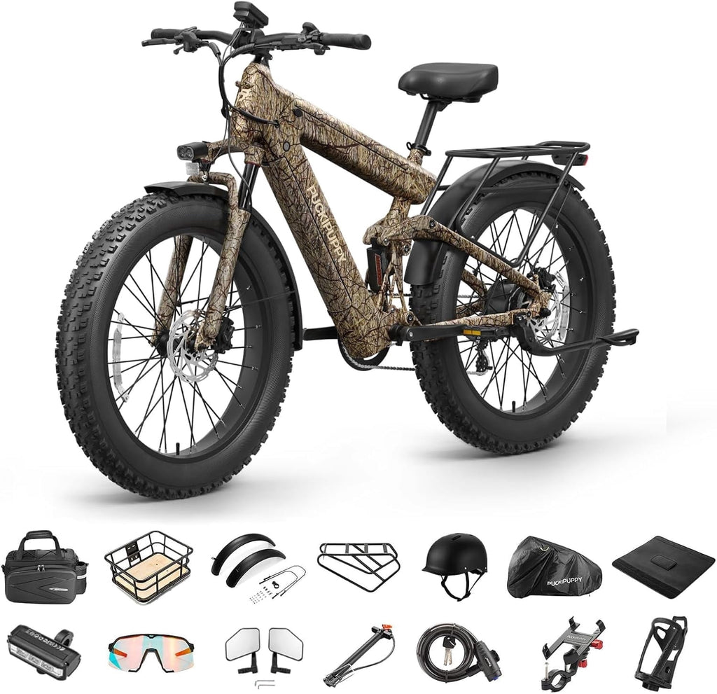 PUCKIPUPPY Electric Bikes for Adults 130Miles Long Range E Bike 1350W 28 mph Dual Battery Ebike (48V 15AH + 48V 15AH) 26 Fat Tire Full Suspension E Mountain Bike 8 Speed, Comply with UL2849 by SGS Electric Bikes