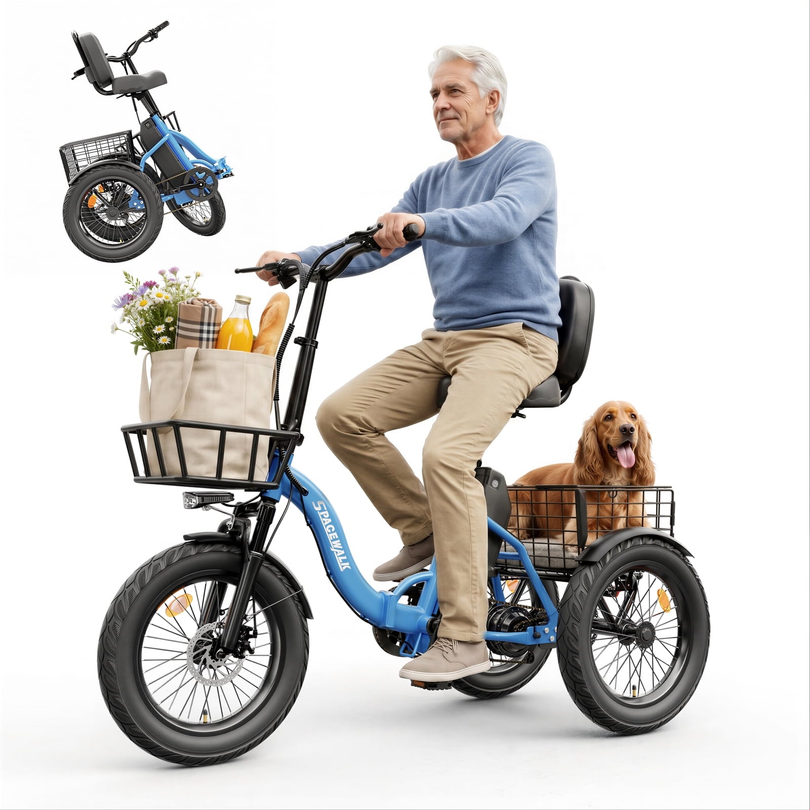 SPACEWALK Adult 3 Wheel Electric Tricycle, 18×3.0 Fat Tires, 48V 15AH battery 700W Peak Motor Up to 60 Miles Range, 18 MPH Adjustable Backrest Electric Bikes Electric Bikes