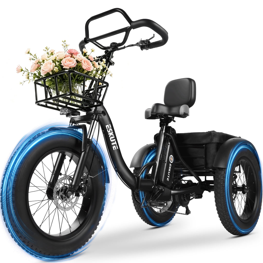 ESKUTE Foldable Electric Trike for Adults – 998.4Wh Battery, 20”x4” Fat Tires, Safe & Stable Ride for Seniors and Parents, Black Electric Bikes