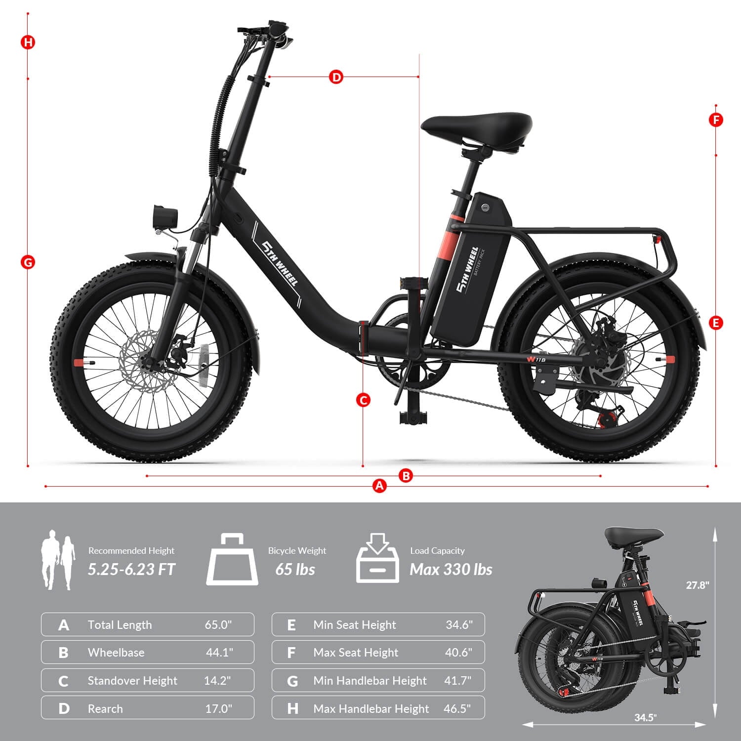 5TH WHEEL W11B 20 Fat Tire Electric Bike, 500W Foldable Adult E-bike with 48V 15.6Ah Removable Battery, Electric Bicycle with 7 Speed, UL2849 Electric Bikes