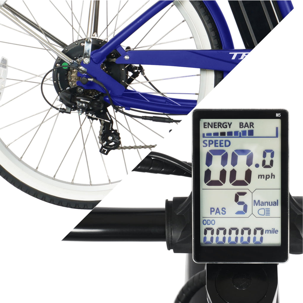Tracer Omega 26 Electric Bike, 500W Rear Motor, 7-speed, 25mph,  48V/14Ah, 30 to 45 Miles, 5-level PAS, Disc Brake, for Men, Blue UL2849 Electric Bikes