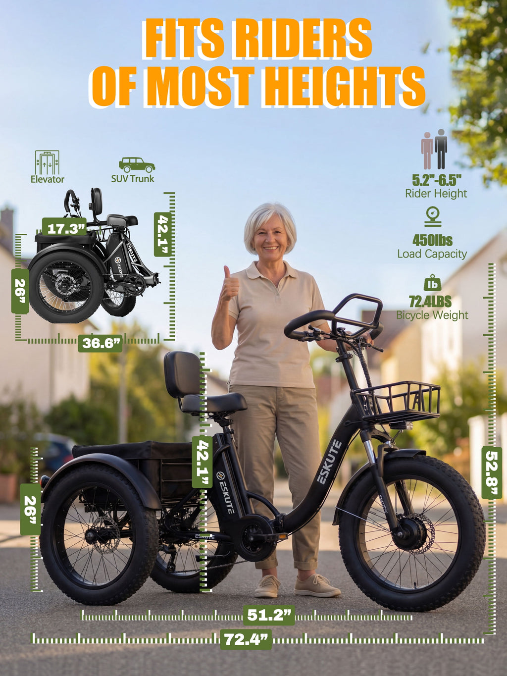 Adult Electric Tricycle,E Trike – 998.4Wh Battery, Foldable 3-Wheel E-Bike with 20×4 Fat Tires, Black Electric Bikes