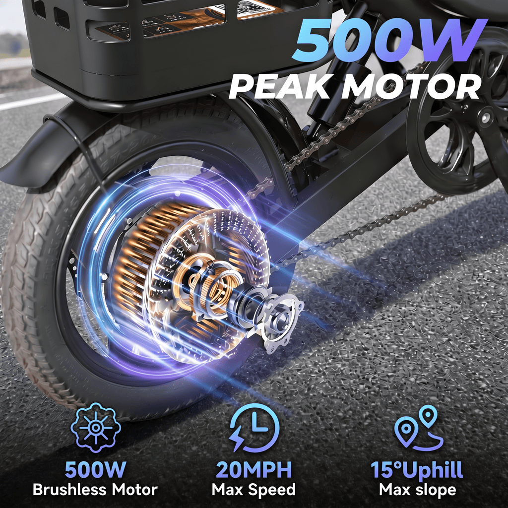 14 Foldable Commuter Electric Bike with Basket for Adults, 500W Peak Motor, 36V 12Ah Battery, 20 MPH, 35 Miles Range, Suitable for Commuting, Shopping, or Trip, UL 2849 Electric Bikes