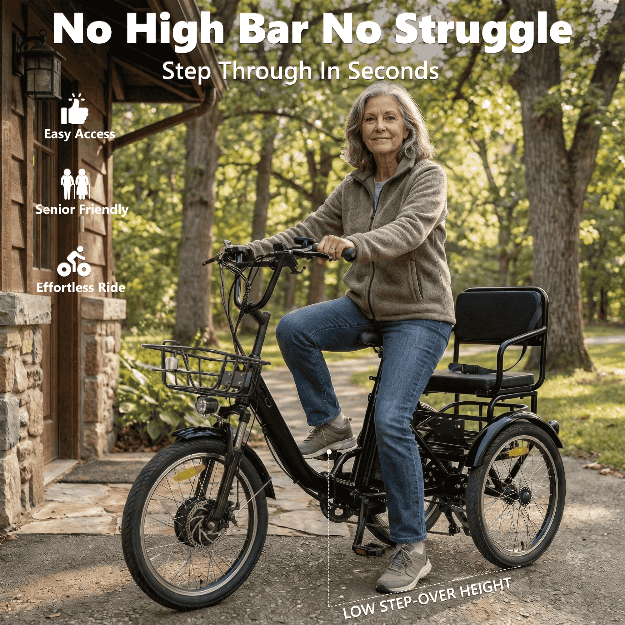 NOMIGO Two-Seat Electric Tricycle for Adults, Foldable 3 Wheel E-Bike for Errands with Rear Seat, Large Baskets and 48V Battery Electric Bikes