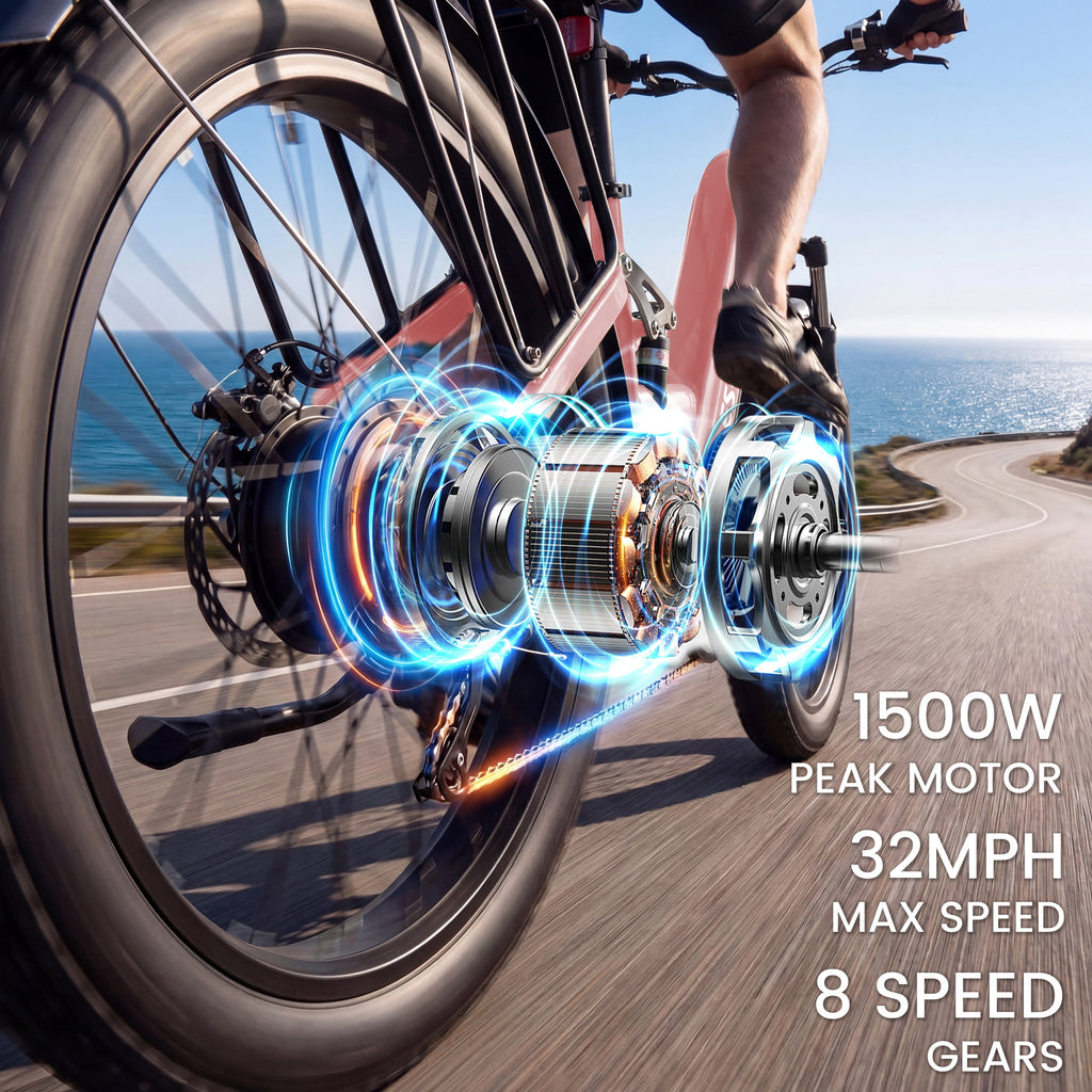 ESKUTE 1500W Electric Bike for Adults – 32 MPH, 80-Mile Range, 48V 20.8Ah Battery, 26x4.0 Fat Tires, Full Suspension, Step-Thru, 8-Speed – Pink Electric Bikes