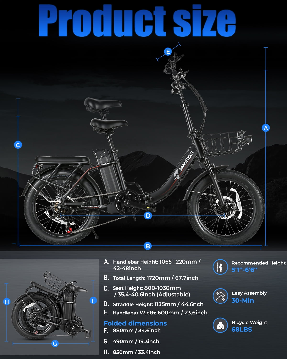 SAMEBIKE Electric Bike for Adults 20x3.0 Fat Tire Folding Ebike 1200W Motor 48V 13Ah Removable Battery 7 Speed Suspension Fork Up to 28 mph Up to 55 miles Range Electric Bikes