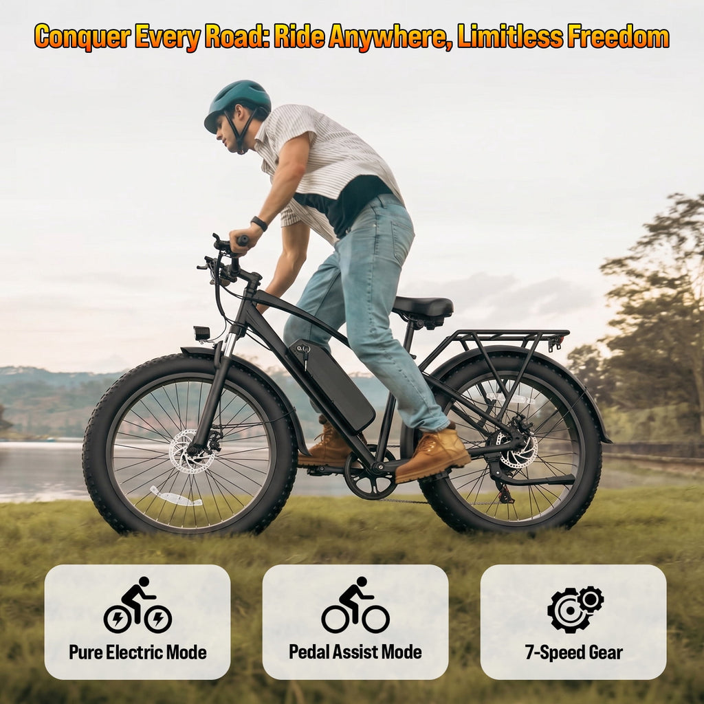 Rexei Yeki 26 Fat Tire EBike, 1200W Electric Bike for Adults, 48V 15AH Battery, 28 MPH Max Speed, 7-Speed , 500 lbs, Front Suspension, Dual Disc Brakes, LCD Display, UL2849 Electric Bikes