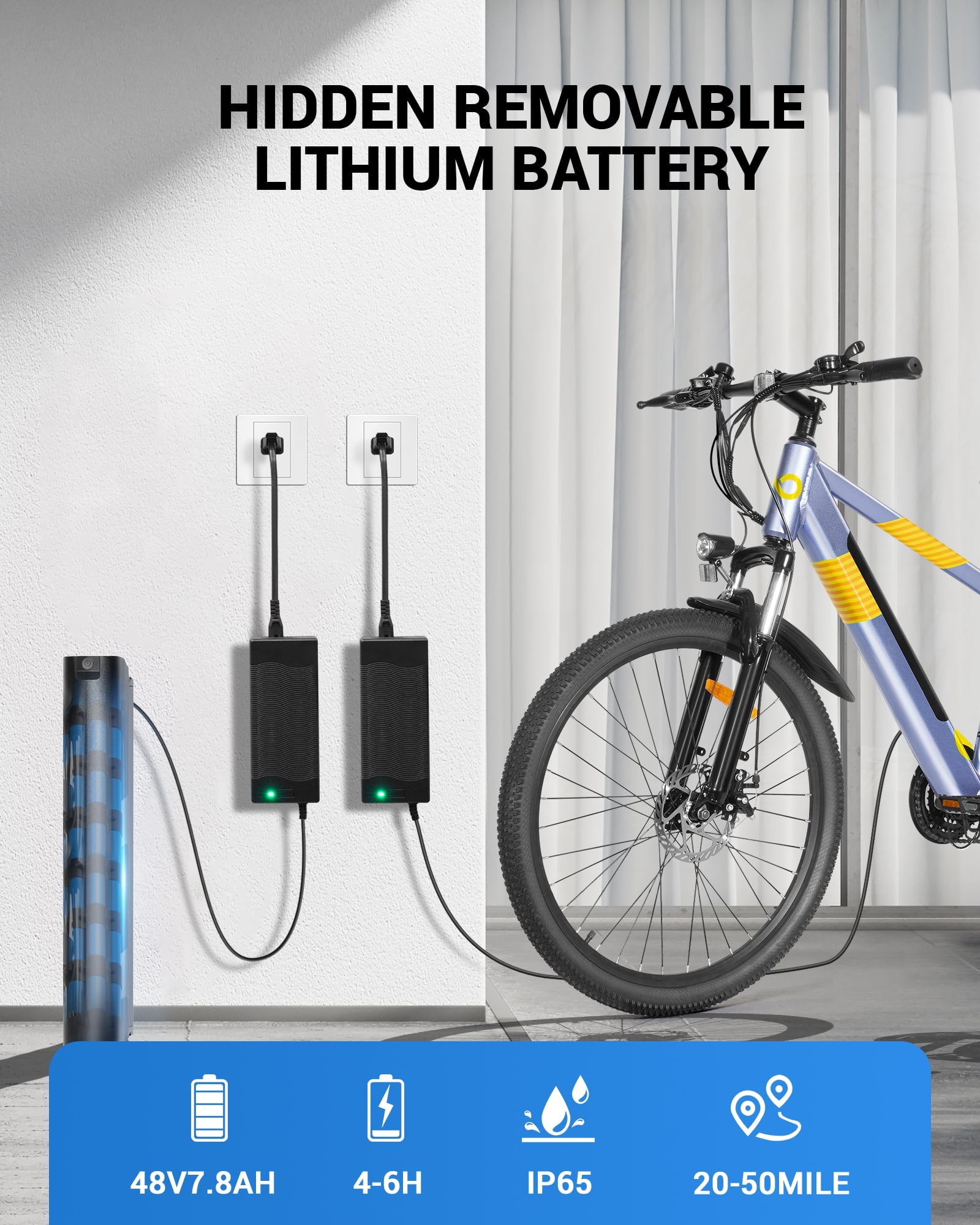 MIHOVER 26 Electric Bike for Adults 750W Peak 20MPH, 48V Removable Battery 40 Miles, Shimano 21-Speed Adjustable Fork，UL2849 City & Light Off-Road E-Bike with Lock-Blue Electric Bikes