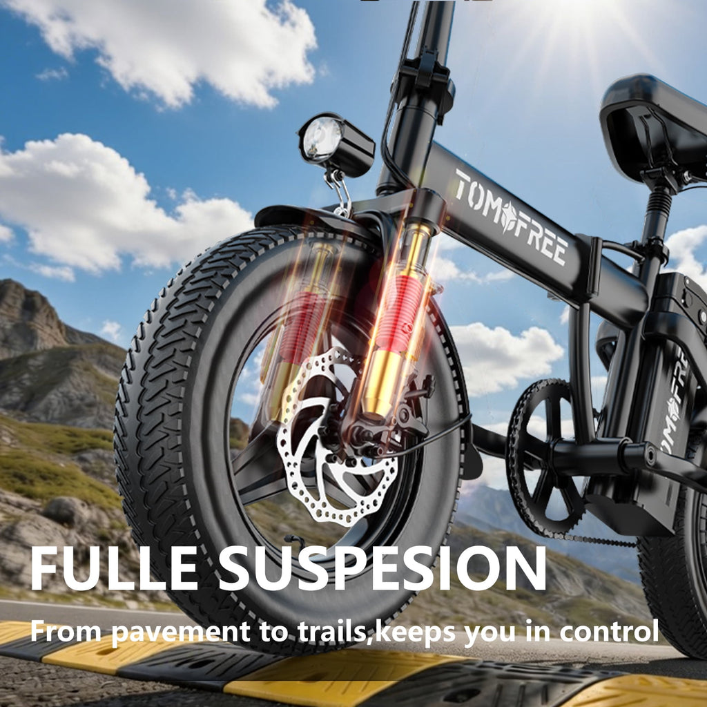 Folding Electric Bike 48V 20AH Removable Battery 20-25MPH 14''x 2.1'' Tire, 25-35miles PAS, Front/Full Suspension, 200lbs Load Ebike for Adult, Adult Electric Bicycles for Commute Electric Bikes