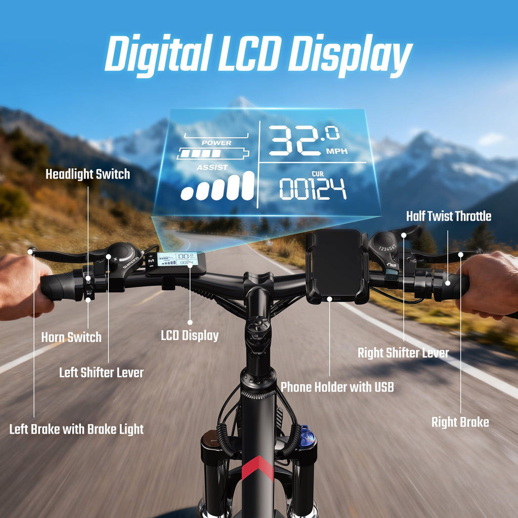 FENGQS Q8 Electric Bike for Adults, Peak 2000W Motor 48V 17.5Ah, 21-Speed Ebike, 80 Mile 35MPH Electric Mountain Bike, Front Suspension, (Red)UL 2849 Electric Bikes