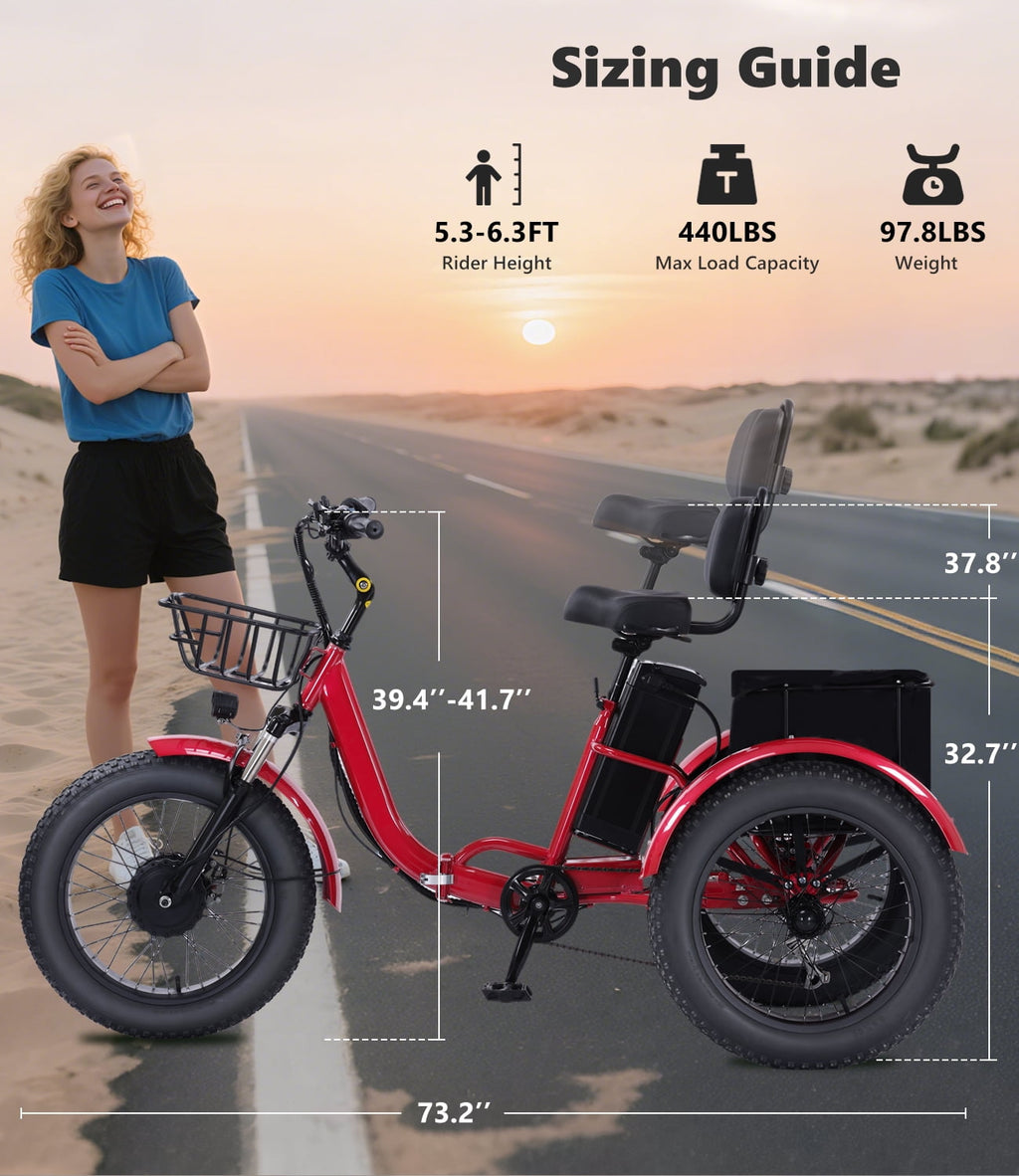 EASINGO Electric Tricycle for Adults 500W Motor 7 Speed 3-Wheel with 20×4.0 Fat Tire, Rear Basket, Lithium Battery Max 15MPH E-Tricycle Red Electric Bikes