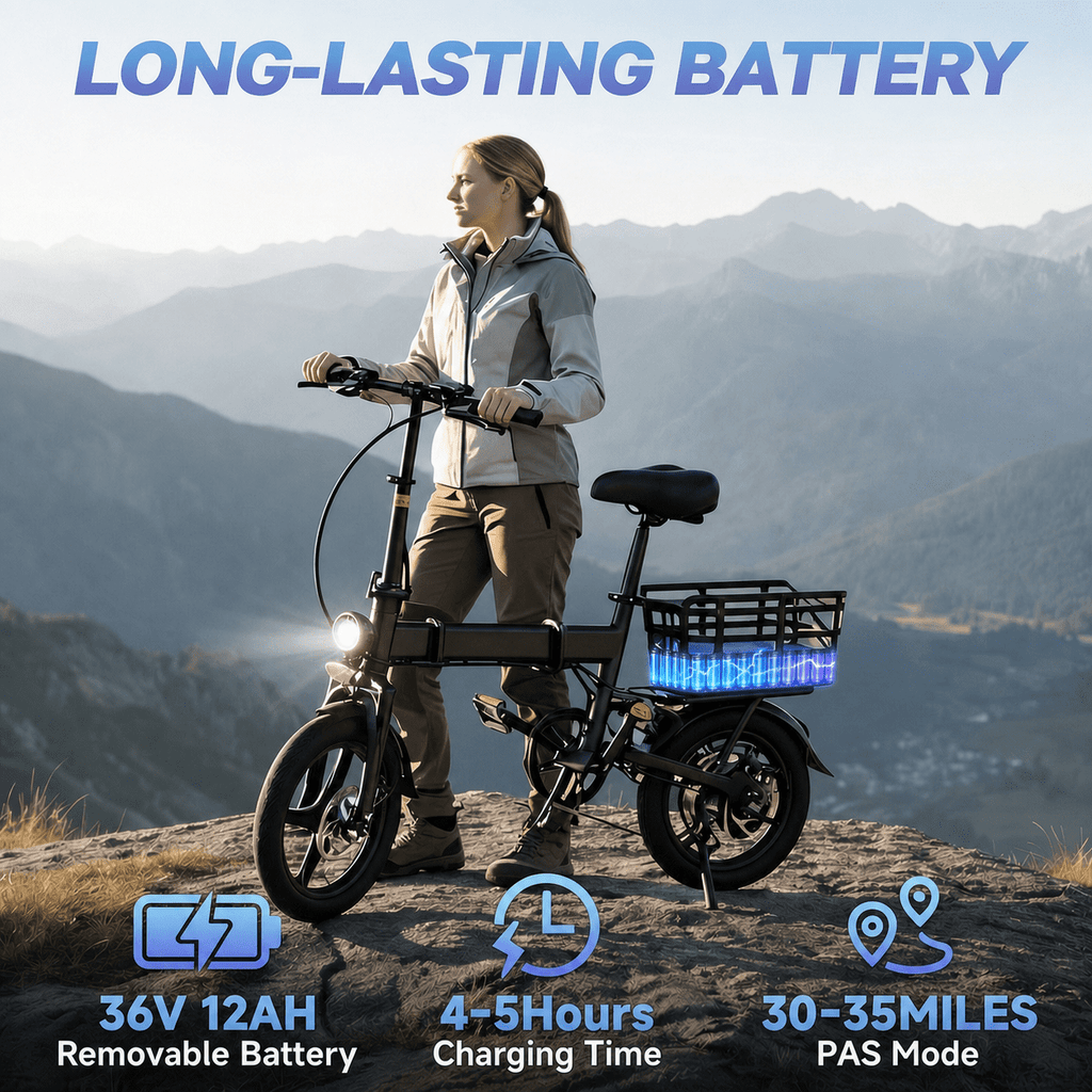 14 Foldable Commuter Electric Bike with Basket for Adults, 500W Peak Motor, 36V 12Ah Battery, 20 MPH, 35 Miles Range, Suitable for Commuting, Shopping, or Trip, UL 2849 Electric Bikes