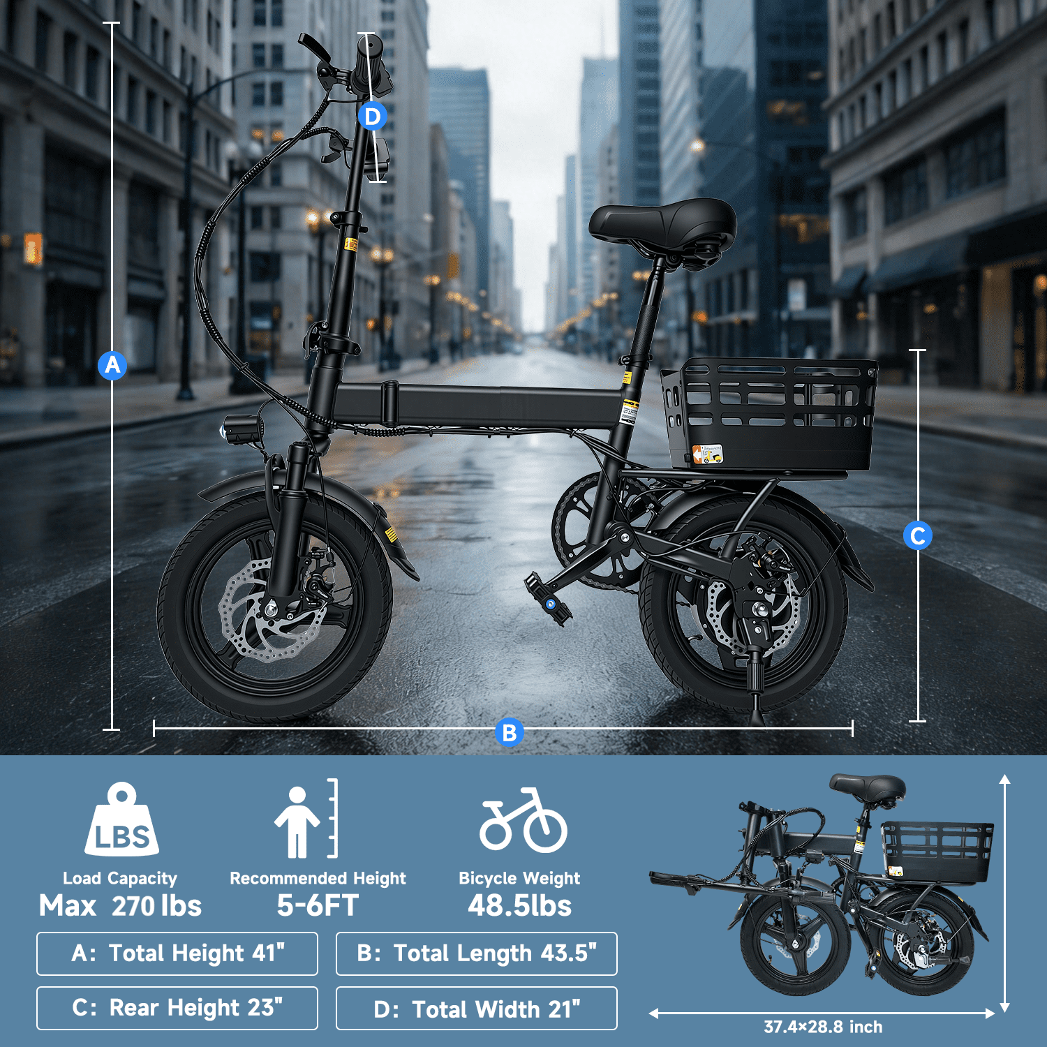 14 Folding Electric Bicycles with 500W Peak Motor,35 Miles 20MPH 432WH Integrated Battery ,Ebike for Adults with Basket,UL2849 Electric Bikes