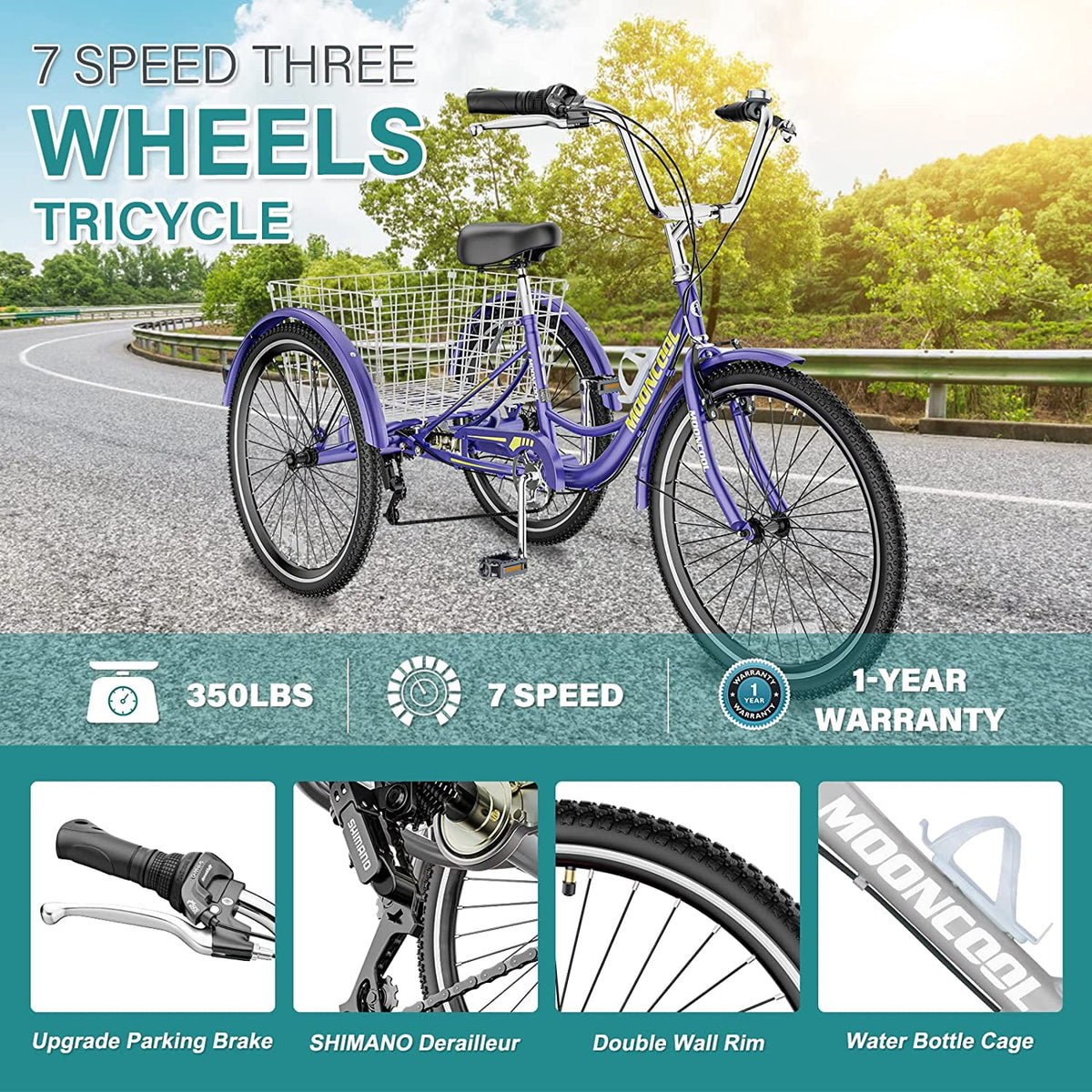 ABORON Adult Tricycles, 7 Speed Adult Trikes 24 inch 3 Wheel Bikes, Cruise Bike with Basket for Seniors, Women, Men for Recreation, Shopping, Multiple Colors Electric Bikes