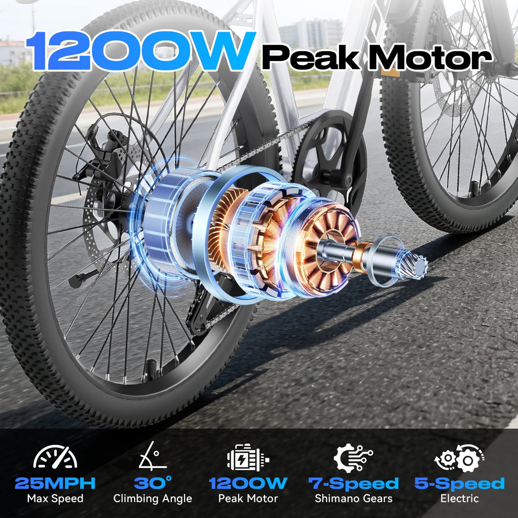 26 Electric Bike for Adults - 1200W Peak Motor, 28 MPH, 50 Mile Range, Removable 36V 13Ah Battery, 7-Speed, UL2849 Certified Commuter E-Bike Electric Bikes