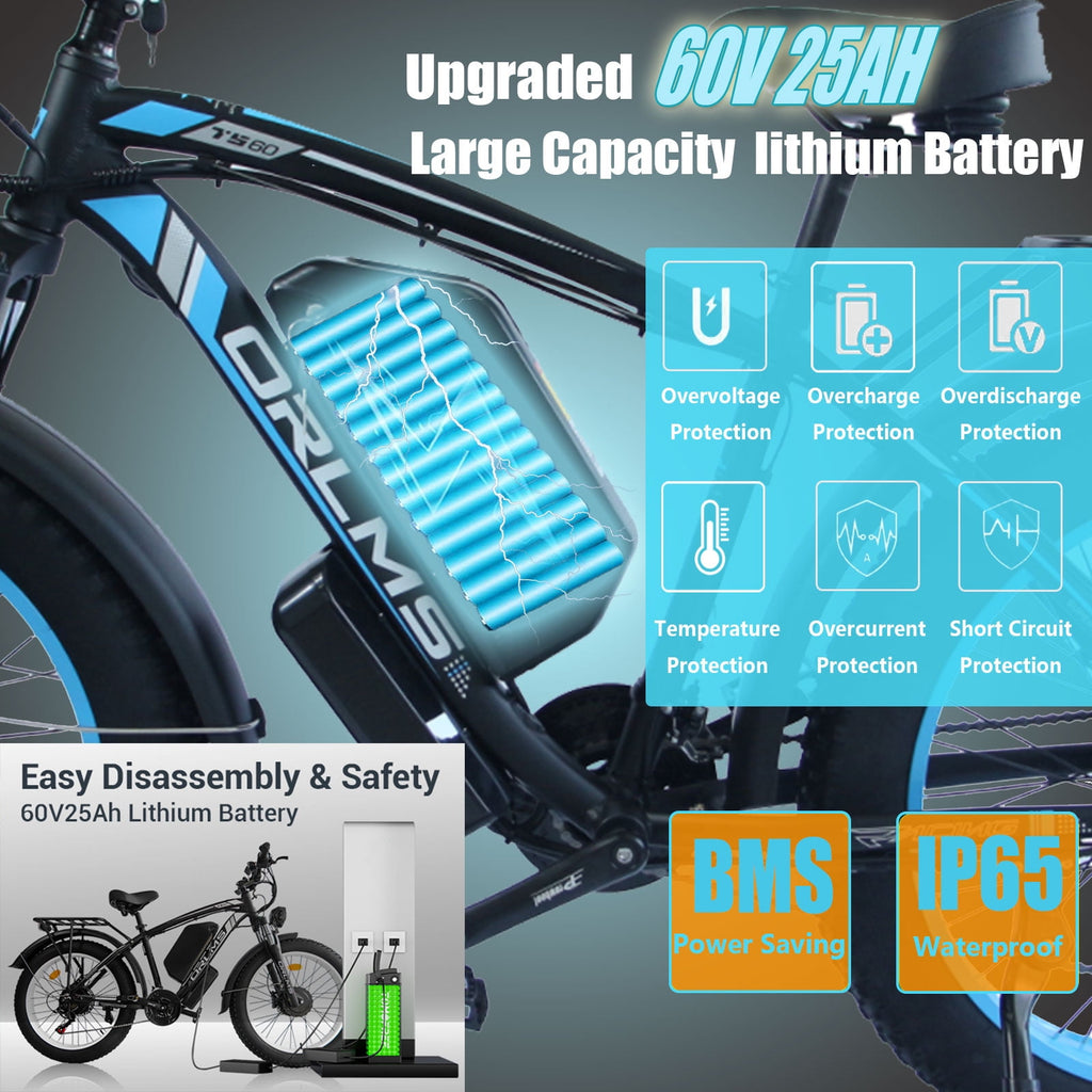 6000W Peak Dual Motor Ebike, 60V 25AH Battery Electric Bike for Adults,AWD 21-Speed 50MPH Mountain Snow E-Bike with 26 x 4.0 Fat Tire, Long Range Mountain Dirt Bike for Off-Road Snow Sand Electric Bikes