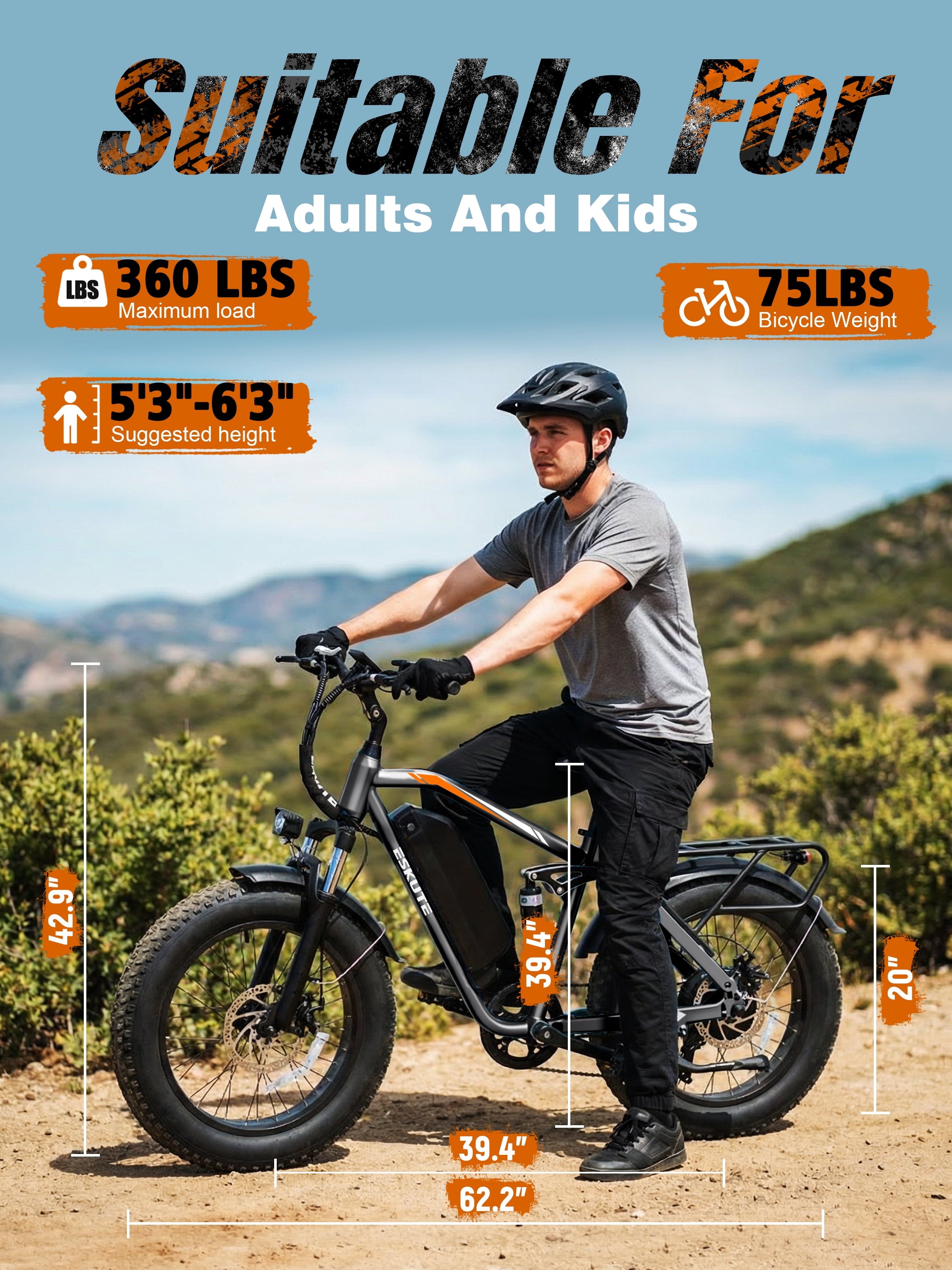 ESKUTE M300 Electric Bike for Adults, Full Suspension Fat Tire Mountain Ebike, 52V 20.8Ah Removable Battery, 1200W Motor, Up to 33MPH, 80 Miles Electric Bicycle Black, UL2849 Electric Bikes