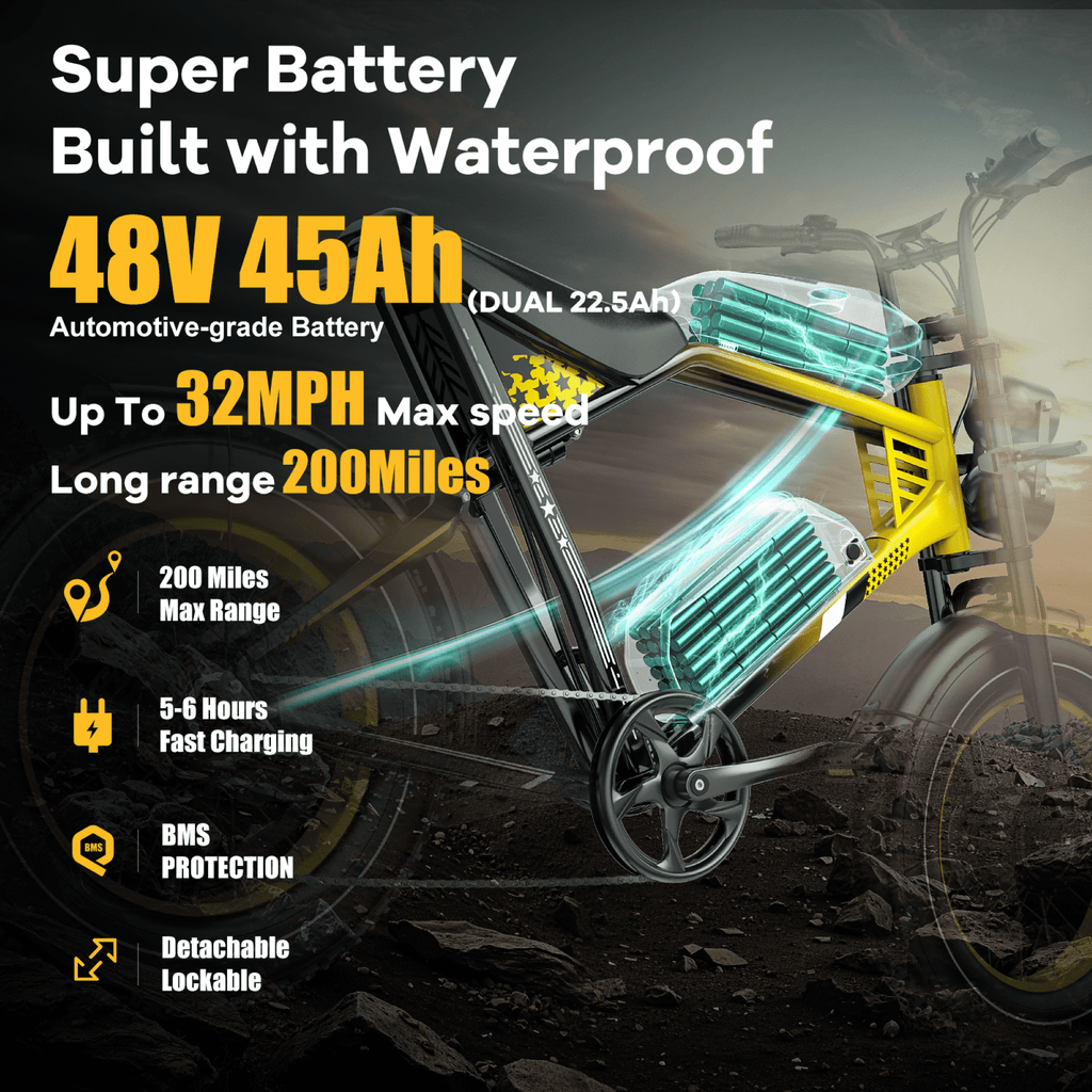 2D Ultra Electric Bike for Adults, 3000W Peak Motor 32MPH Off-Road E Bike, 48V 45Ah Battery, 200-Mile Range, 20 x 4.0 Fat Tires, Shimano 7-Speed, Yellow Electric Bikes