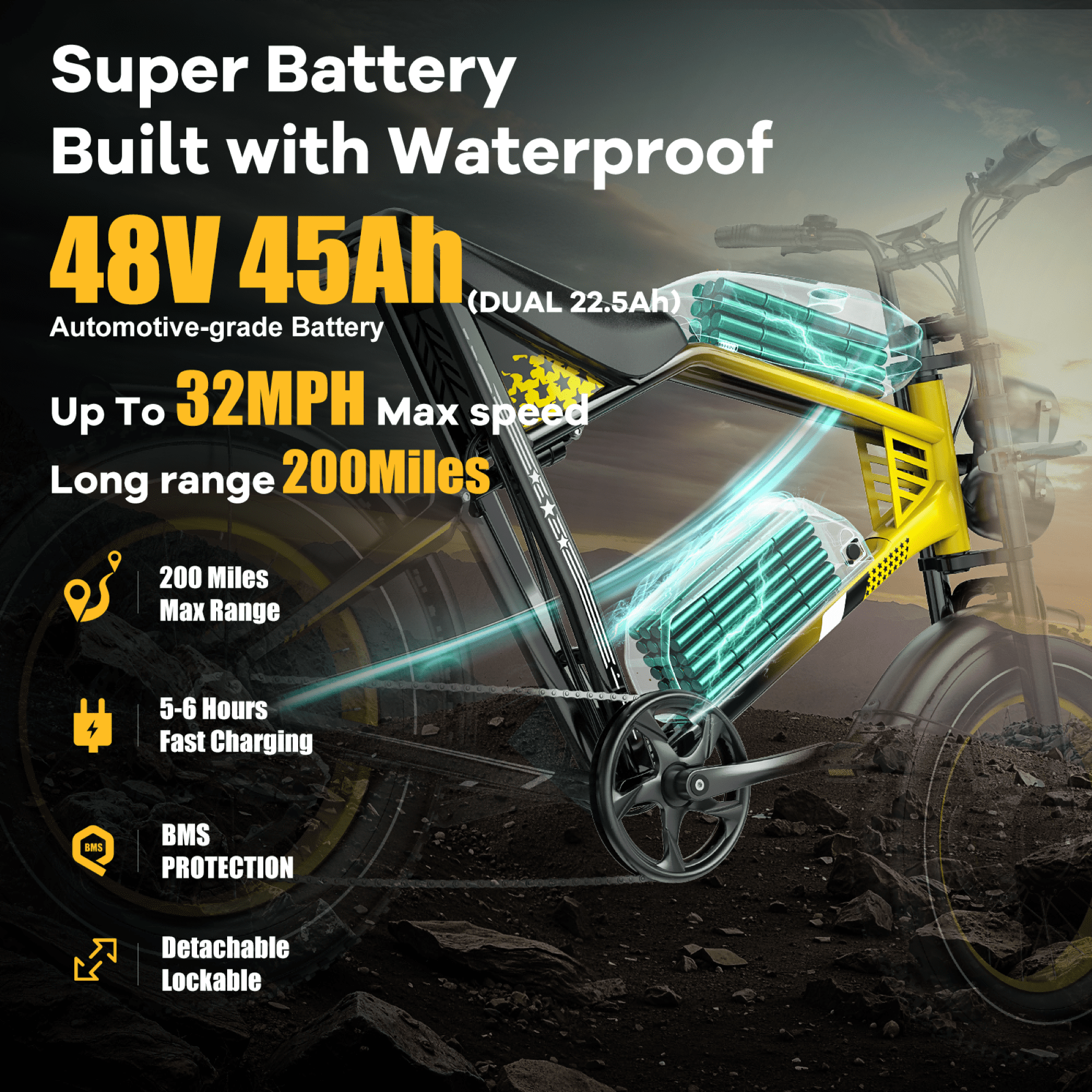 2D Ultra Electric Bike for Adults, 3000W Peak Motor 32MPH Off-Road E Bike, 48V 45Ah Battery, 200-Mile Range, 20 x 4.0 Fat Tires, Shimano 7-Speed, Yellow Electric Bikes