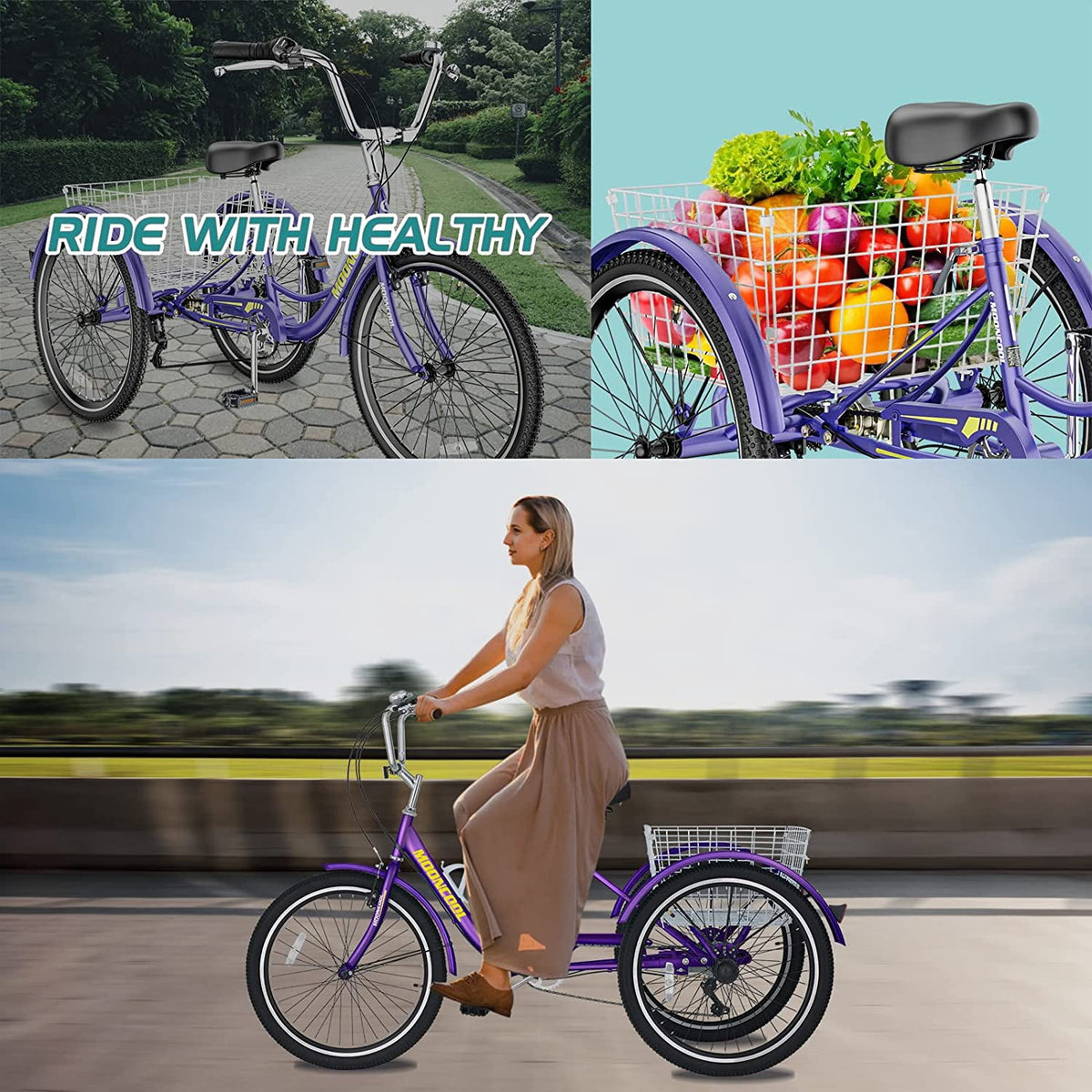 ABORON Adult Tricycles, 7 Speed Adult Trikes 24 inch 3 Wheel Bikes, Cruise Bike with Basket for Seniors, Women, Men for Recreation, Shopping, Multiple Colors Electric Bikes