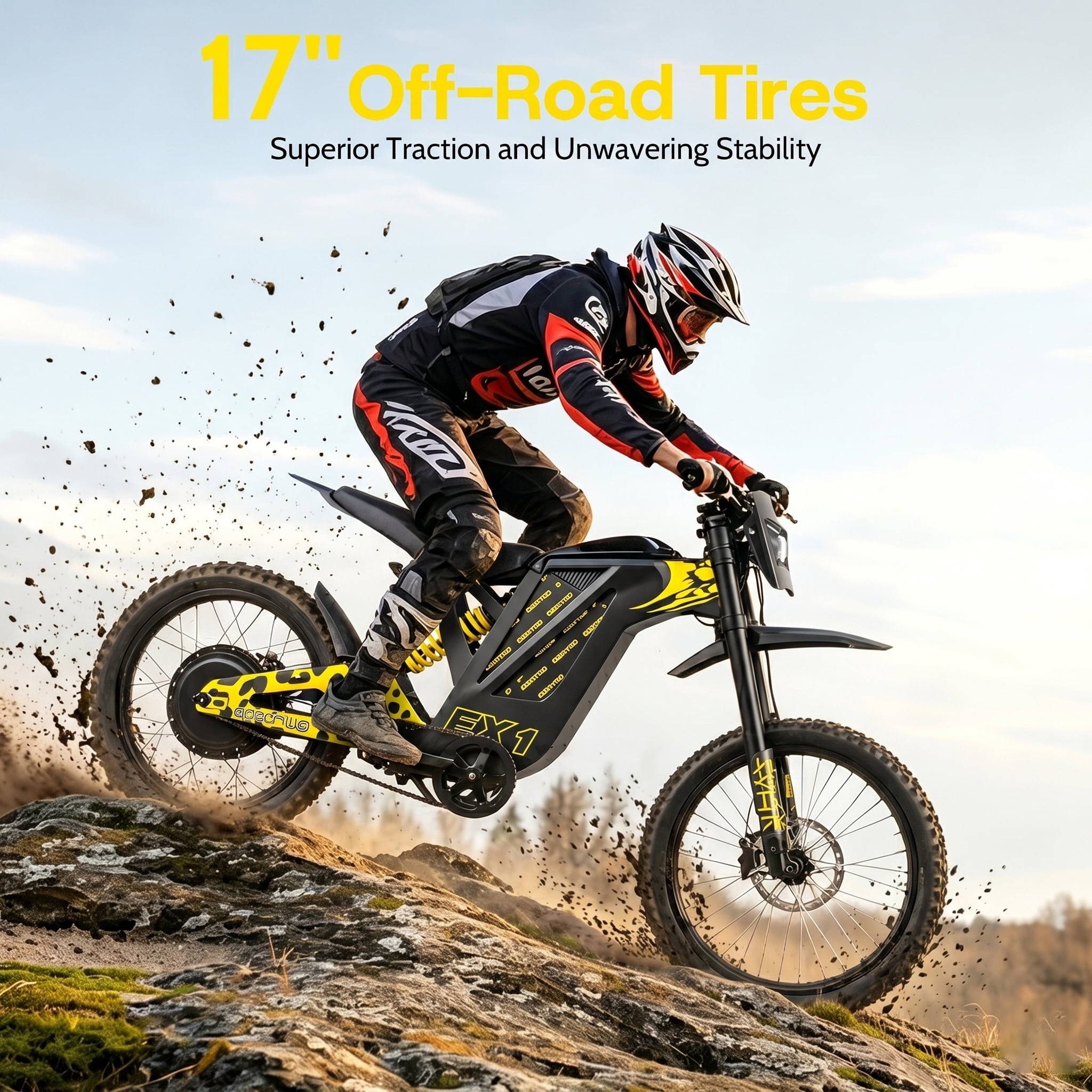 EOEOTWO EX1 Adult Off-Road Electric Bike, 3000W Motor & 40MPH Top Speed, 48V 25Ah Battery for 50-Mile Range, Dual Shock Dirt Bike with 17 Tires & Hydraulic Brakes UL 2849 Electric Bikes