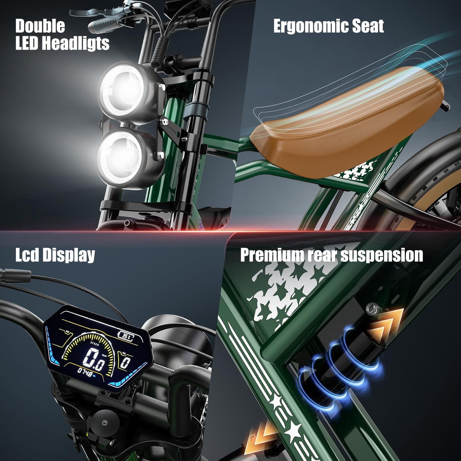2S Max Electric Bike for Adults, 1500W Peak Motor 32MPH Off-Road E Bike, 48V 22.5Ah Battery, 100-Mile Range, 20 x 4.0 Fat Tires, Shimano 7-Speed, Green Electric Bikes
