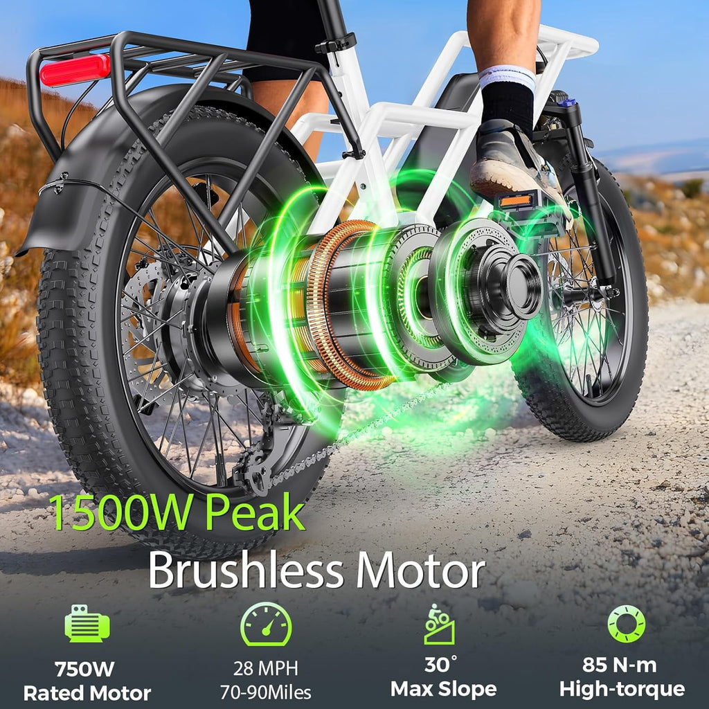 GSPEED A03 1200W Peak Electric Bike, 20 Fat Tire All-Terrain for Adults, 70 Mile Range, 48V 13Ah Battery, 28 MPH, Front Suspension, UL2849 Certified Electric Bikes