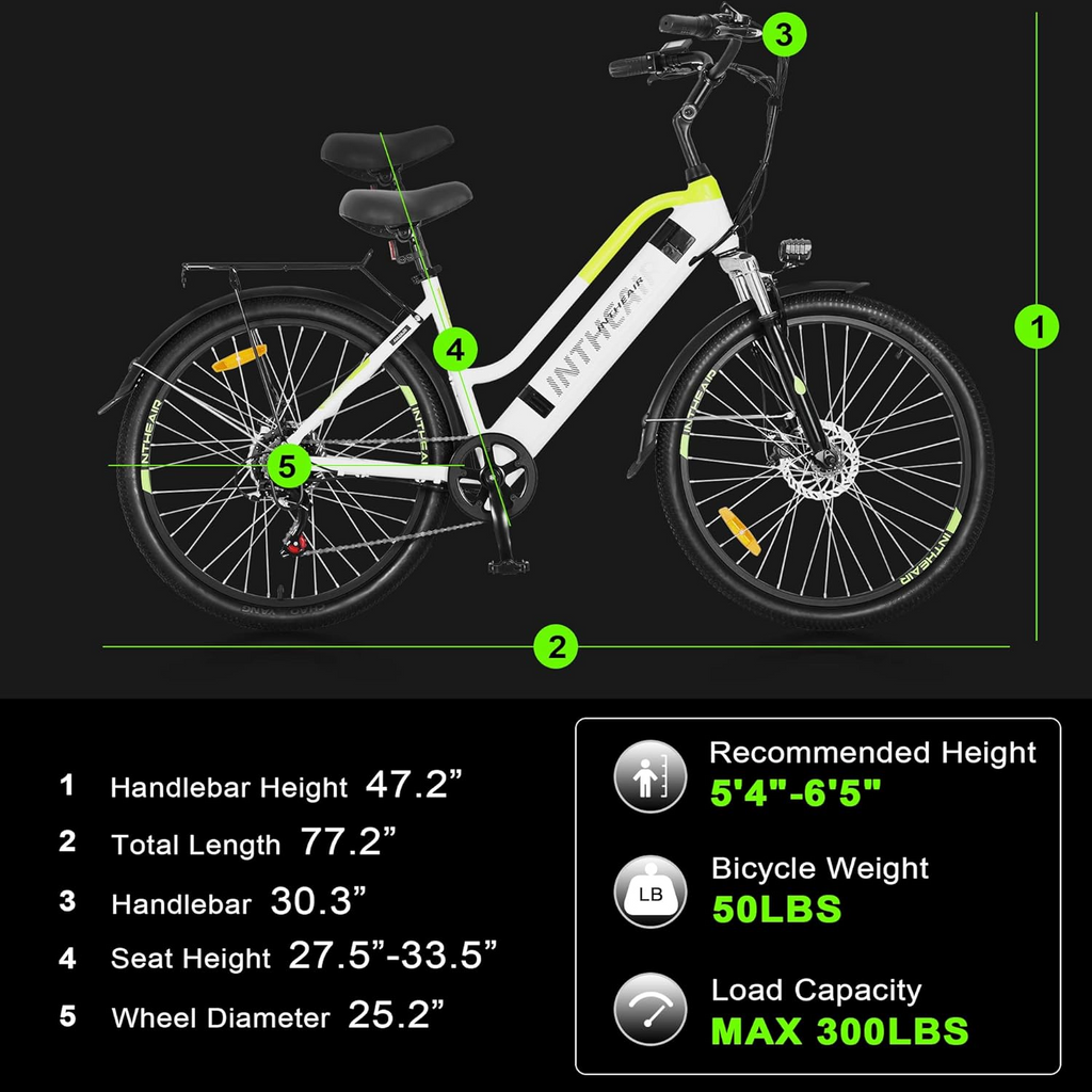 INTHEAIR Adult Electric Commuting Bicycles 500W Ebike, 26 E-bike, 36V 10Ah Removable Battery ELectric Bike for Adults UL2849，White Electric Bikes