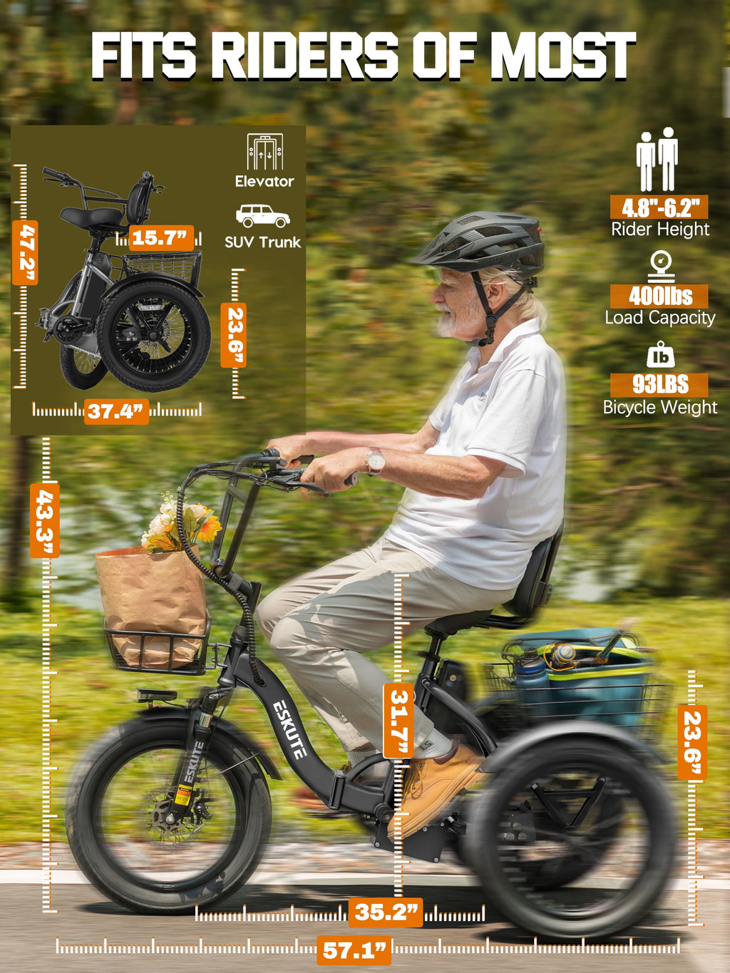 ESKUTE Adult E Trike Electric Tricycle – 750W Brushless Motor, 18+ MPH, Fat Tires, Foldable Step-Thru 3-Wheel E-Bike, Up to 55 Miles, Black Electric Bikes