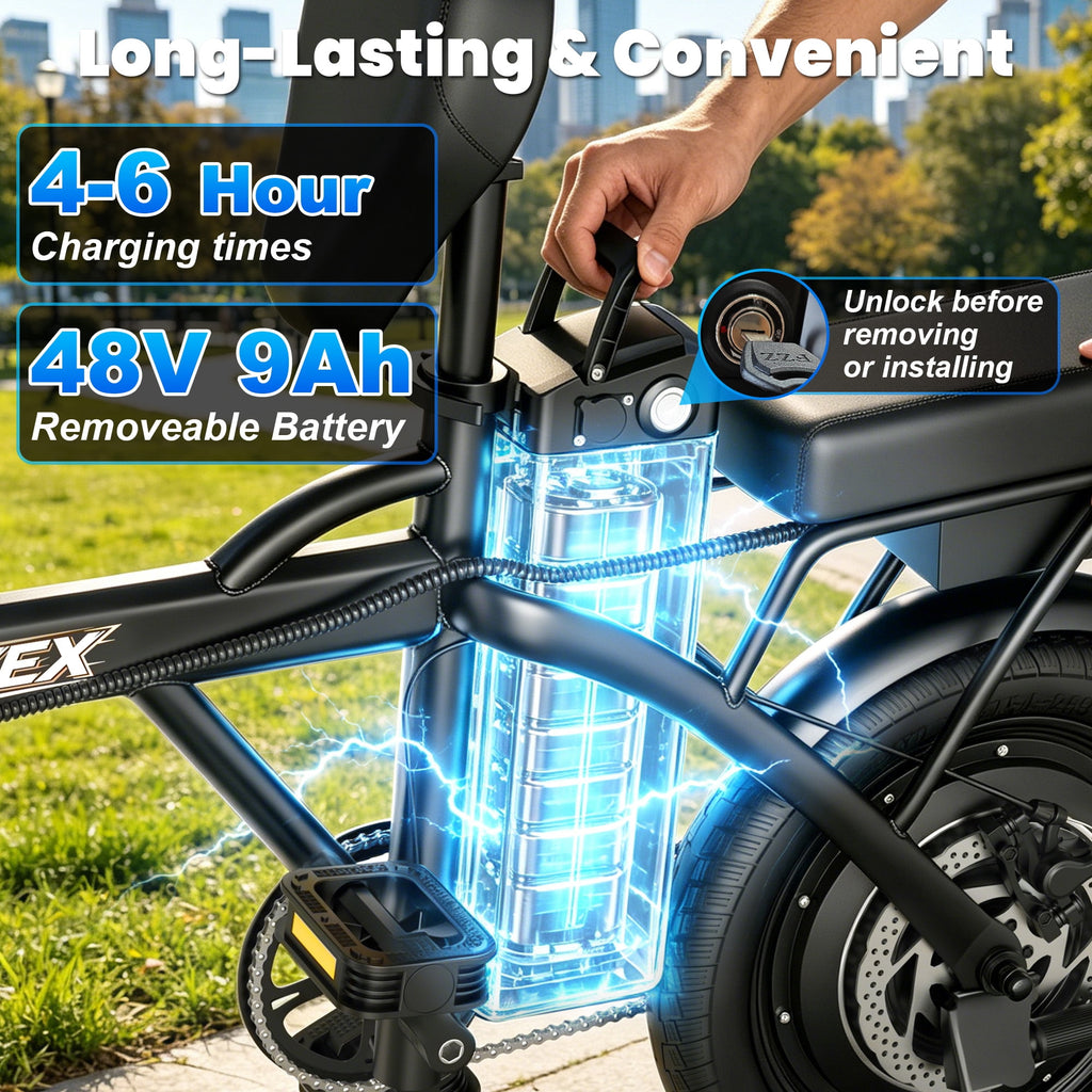 HQYEX HQ14PRO 500W Adult Electric Bicycle, 14 Inch Fat Tire Ebike with 48V 9Ah Rechargeable Battery, Max Speed 22MPH, Dual Brakes & Full Suspension, Adjustable Seat, Perfect for Commuting E Bike Electric Bikes