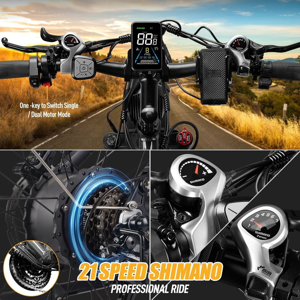 5000W Dual Motor Electric Bike for Adults, 26 Fat Tire Electric Mountain Bicycle, 52V 36Ah Removable Battery, 21 Speed Full Suspension All-Terrain Ebike, UL2849 Electric Bikes