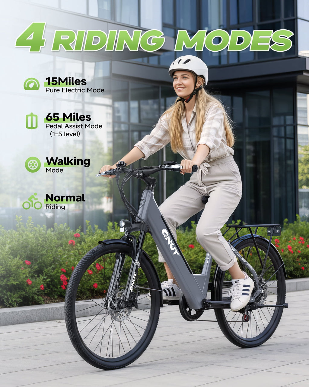 QNUT Electric Bike , 26 1200W Peak with 48V Battery 7 Speed 20MPH 65 Miles Ebike Step Through Commuter E bike for Adults Electric Bikes