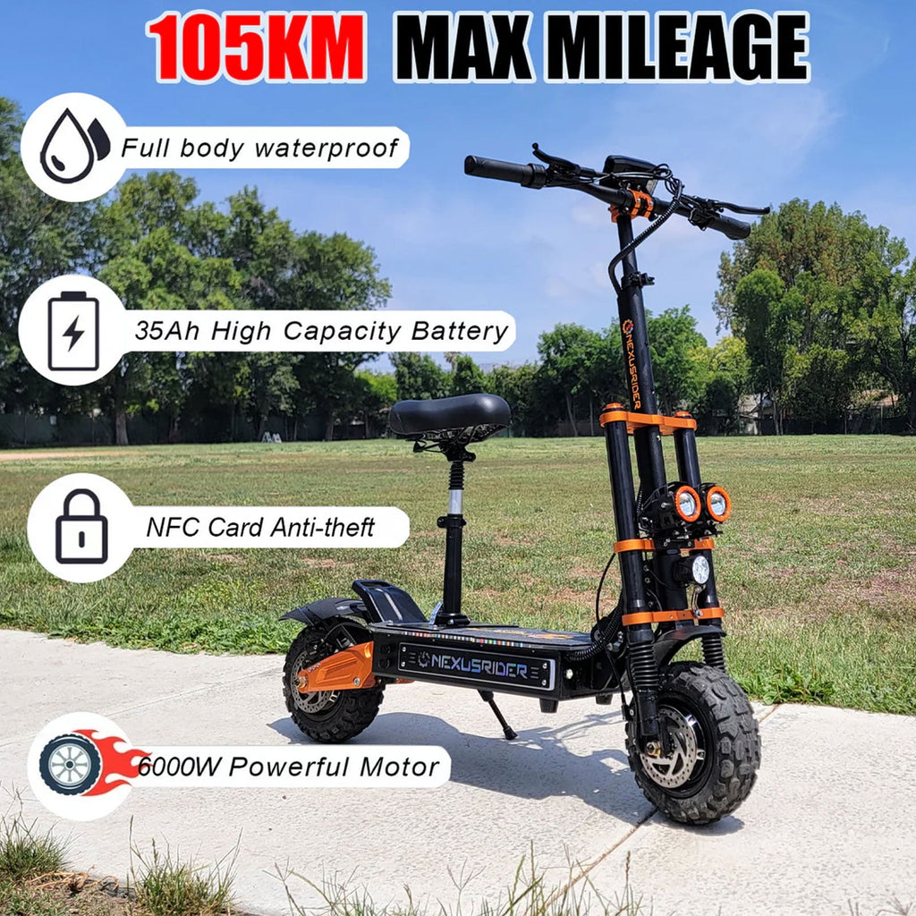 Adults Electric Scooter 6000W Dual Motor Up to 58 mph, 60 Miles Range, 60V35Ah Battery, C-Type Dual Suspensions 11 All Terrain Tires Adjustable Handlebar, NFC and Detached Seat, Foldable, Sport Electric Bikes
