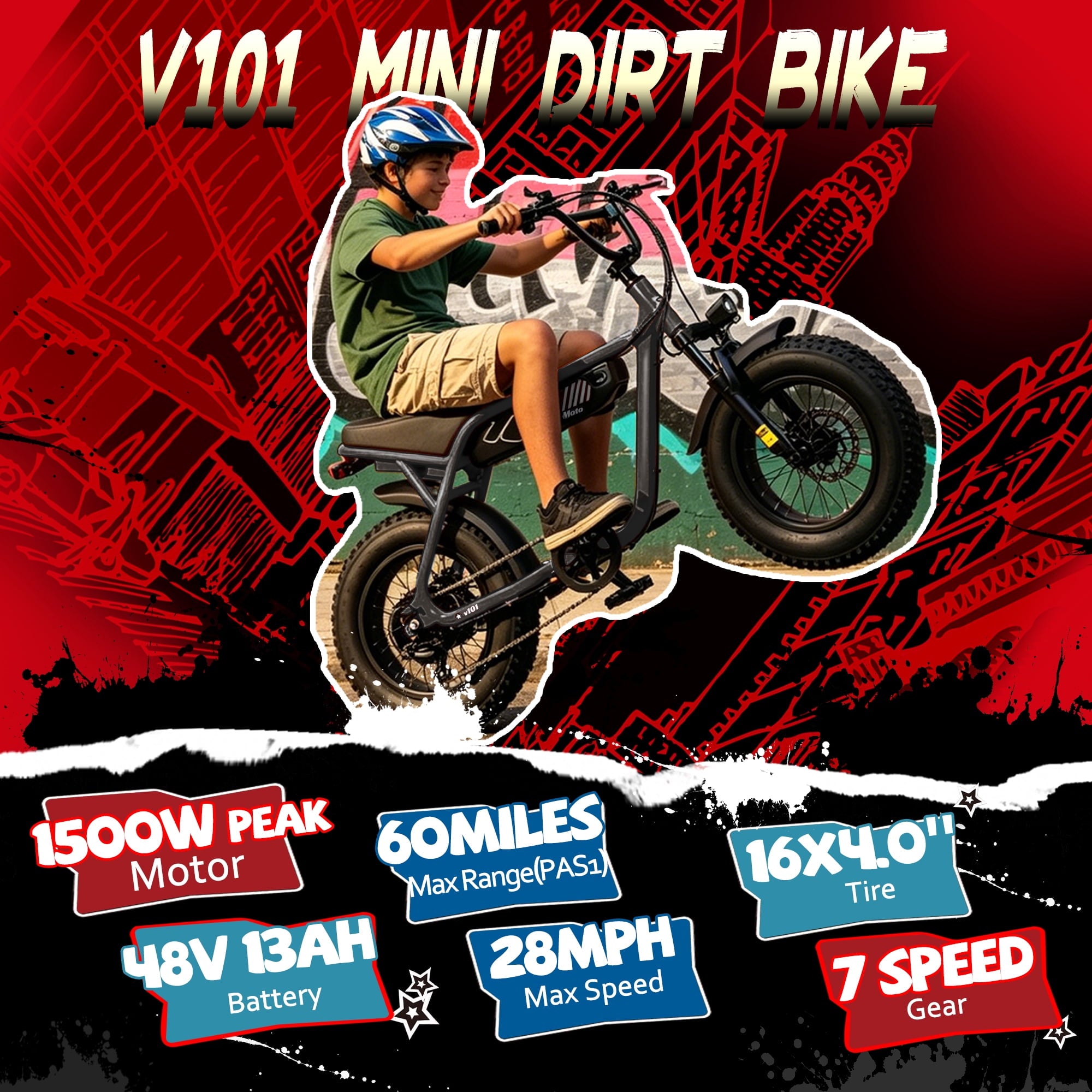ESKUTE V101 Electric Bike for Adults & Teens 750W Peak 1500W, 28MPH, 48V 13Ah Battery, 16x4.0 Fat Tire E-Bike, 7-Speed, Front Suspension, All-Terrain Ebike Black, UL2849 Electric Bikes