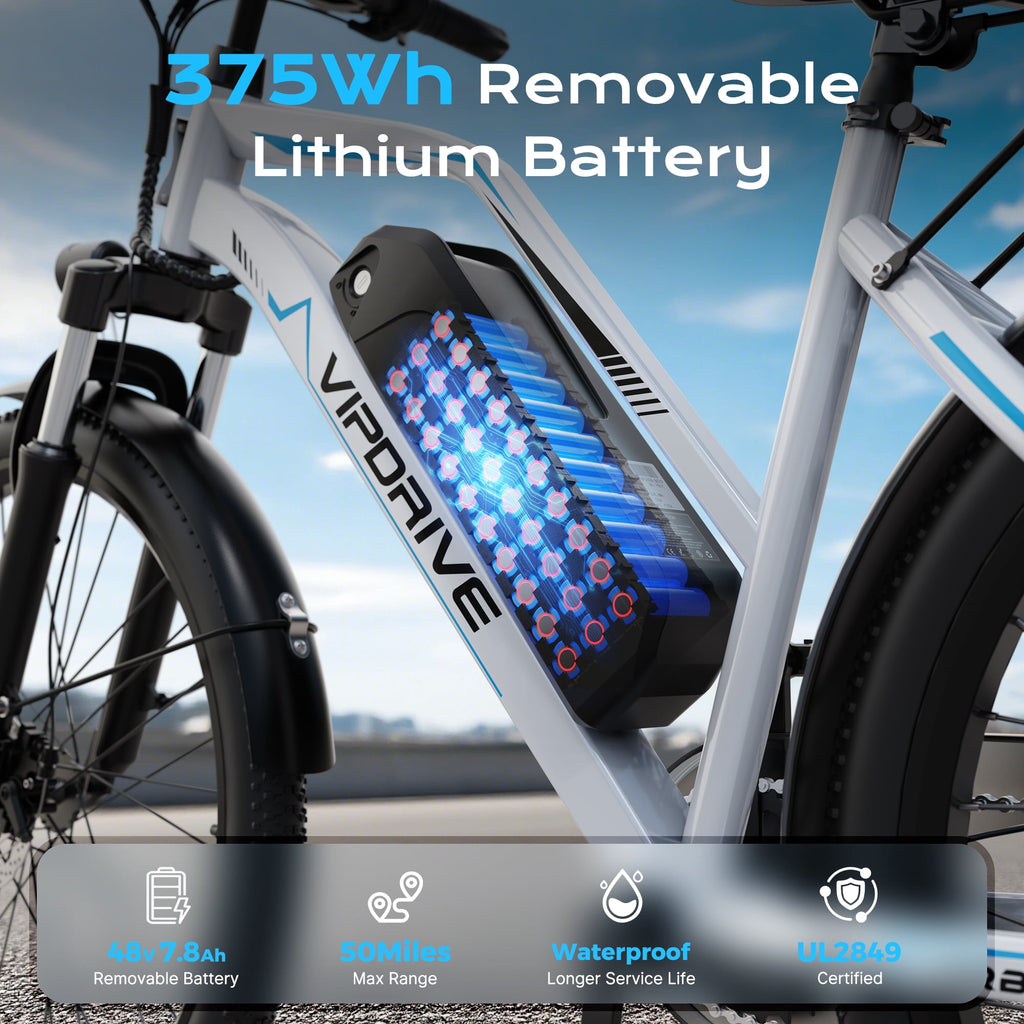 VIPDRIVE 26 Electric Bicycle for Adults & Women, Peak 750W Motor E-Bikes, 48V 7.8Ah Battery, 7-Speed, City Cruiser E-Bike, LCD Display, 50 Mi Range（UL2849） Electric Bikes