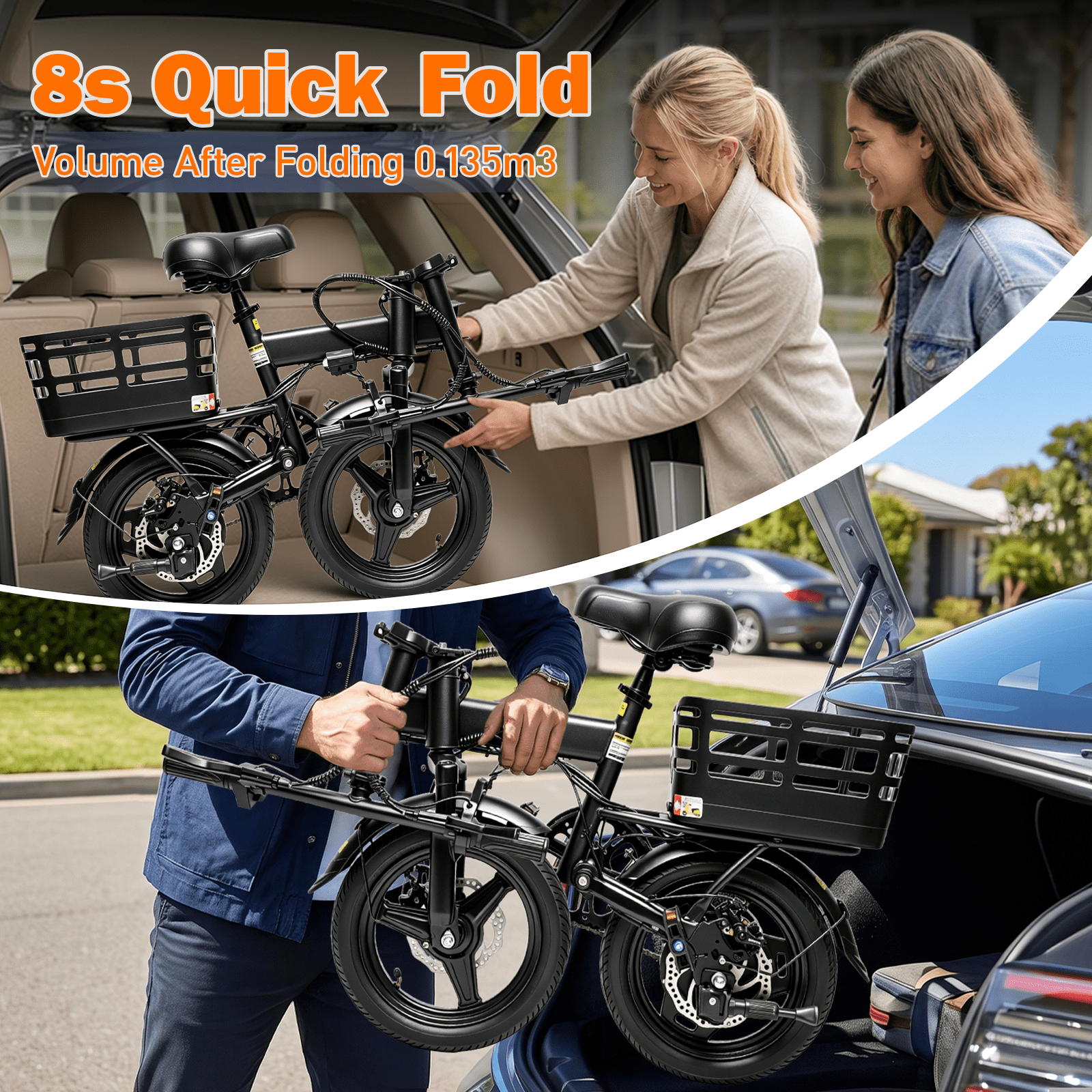 14 Foldable Electric Bike, 500W Peak Commuter Ebike for Adults, Mini Ebike with Basket, 480WH Battery, 18MPH & 20 Miles, UL2849 Electric Bikes