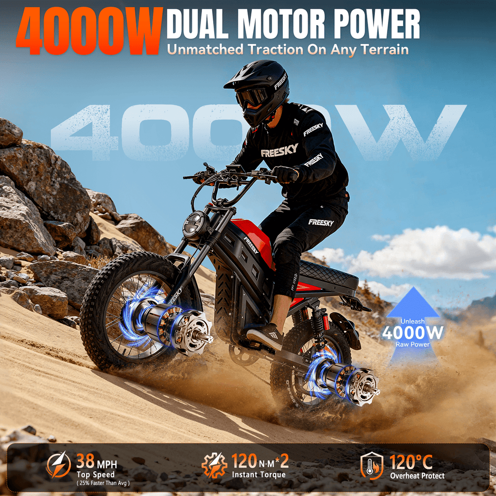 FREESKY 4000W Dual Motor Electric Bike for Adult, 2880WH 60AH Battery 38MPH 200 Miles, 20 Fat Tires Full Suspension AWD All Terrain Moped Electric Bikes