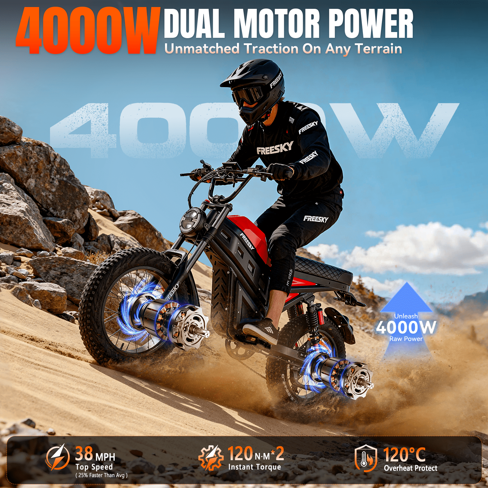 FREESKY 4000W Dual Motor Electric Bike for Adult, 2880WH 60AH Battery 38MPH 200 Miles, 20 Fat Tires Full Suspension AWD All Terrain Moped Electric Bikes