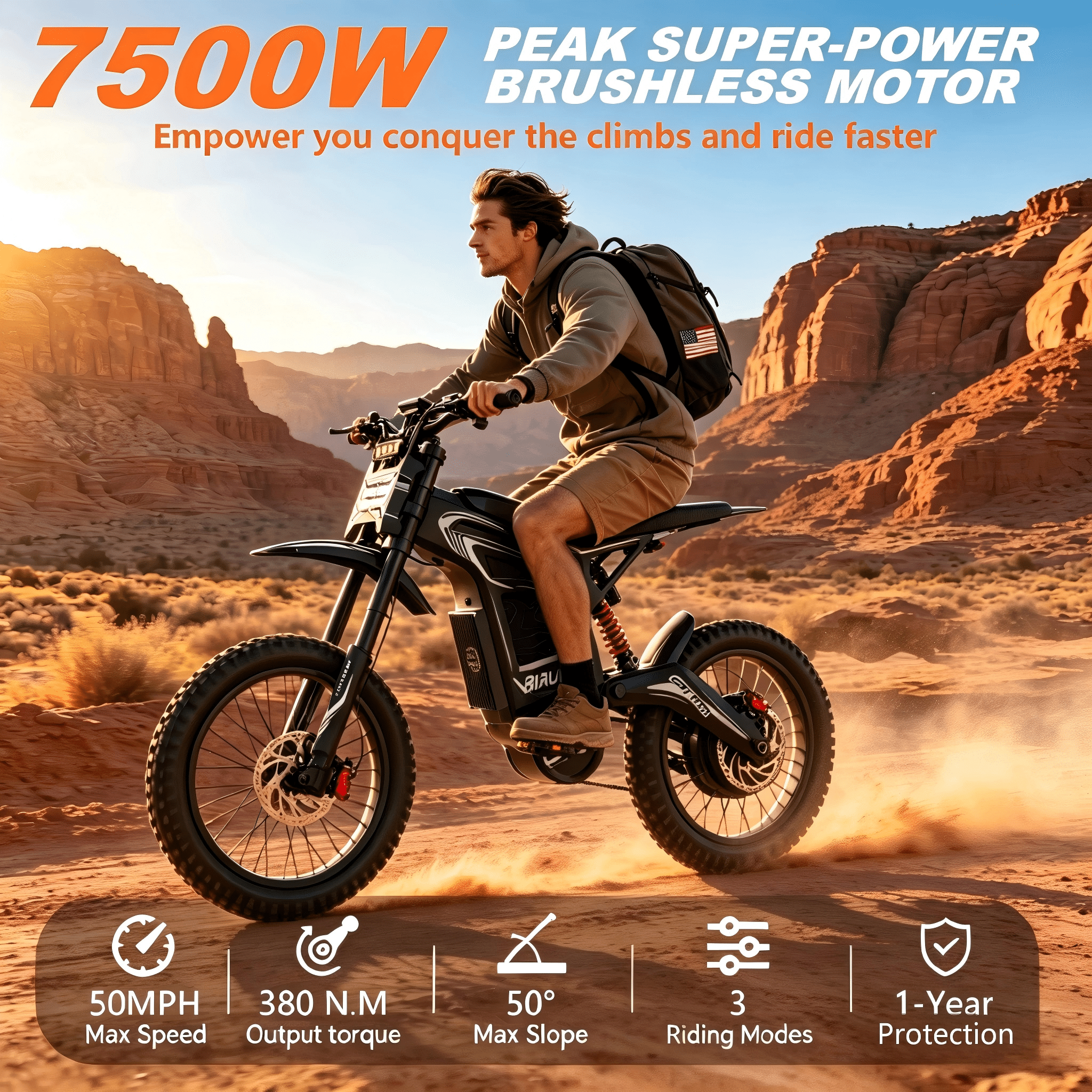 7500W Electric Dirt Bike for Adults, 50MPH, 50° Climbing, Up to 75 Miles Mountain Bike, 72V 30Ah Removable Battery, 19/17 Fat Tires, for Snow, Mountains, Off-Road, UL2849. Electric Bikes