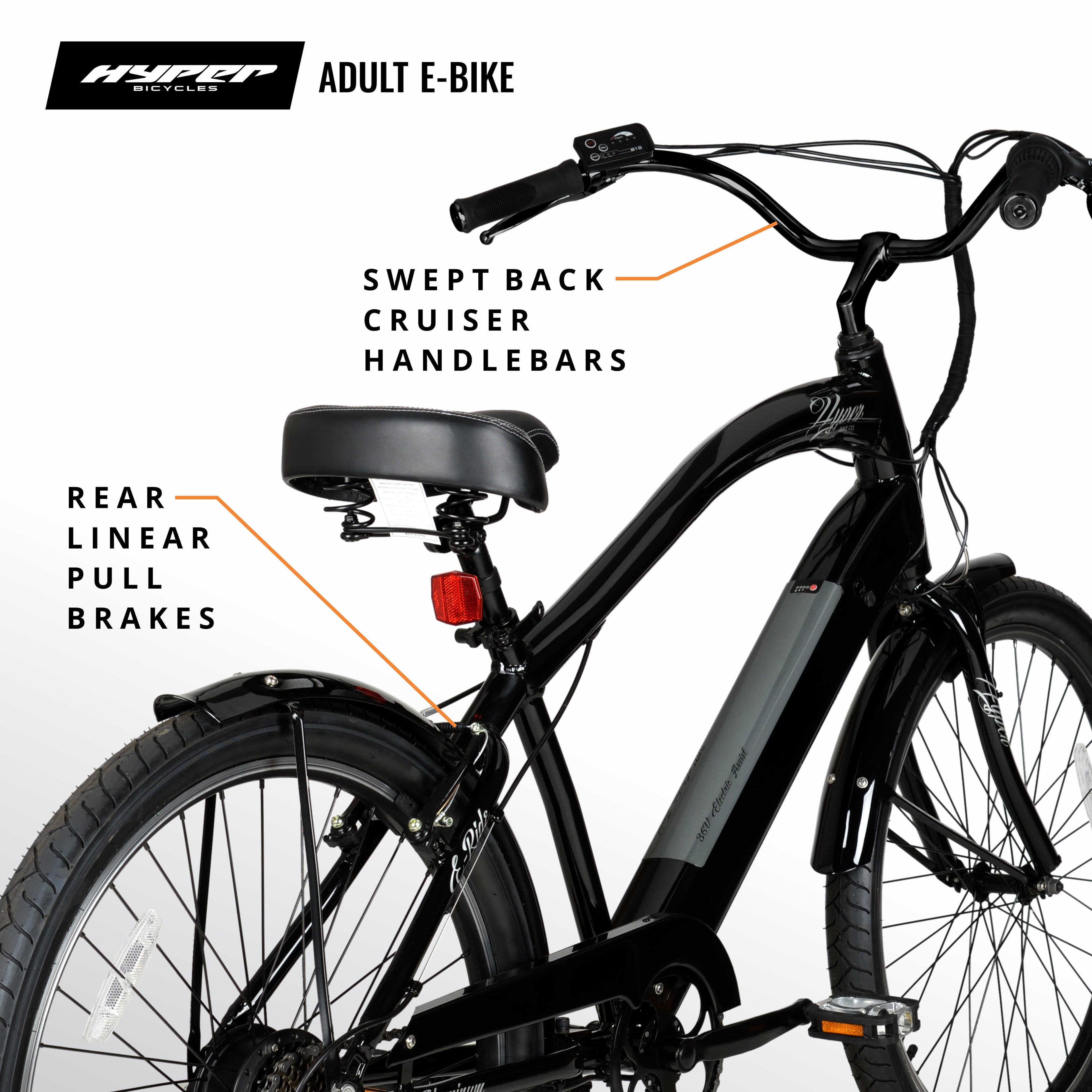 Hyper Bicycles 26 36V Men's Electric Cruiser E-Bike with Pedal-Assist, 250W Motor, Black Electric Bikes
