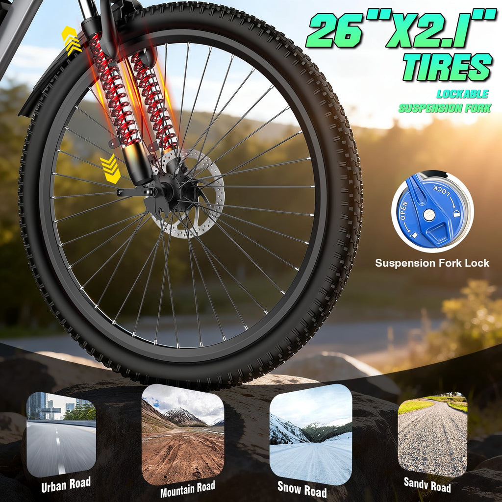 Terrosor 720W Peak Electric Bike, 48V 10.4Ah, 25MPH, 50Miles Range, 26''x2.12'' Tire Mountain Ebike,7 Speeds, Removable Battery,Adult Electric Bicycle, UL2849 Electric Bikes