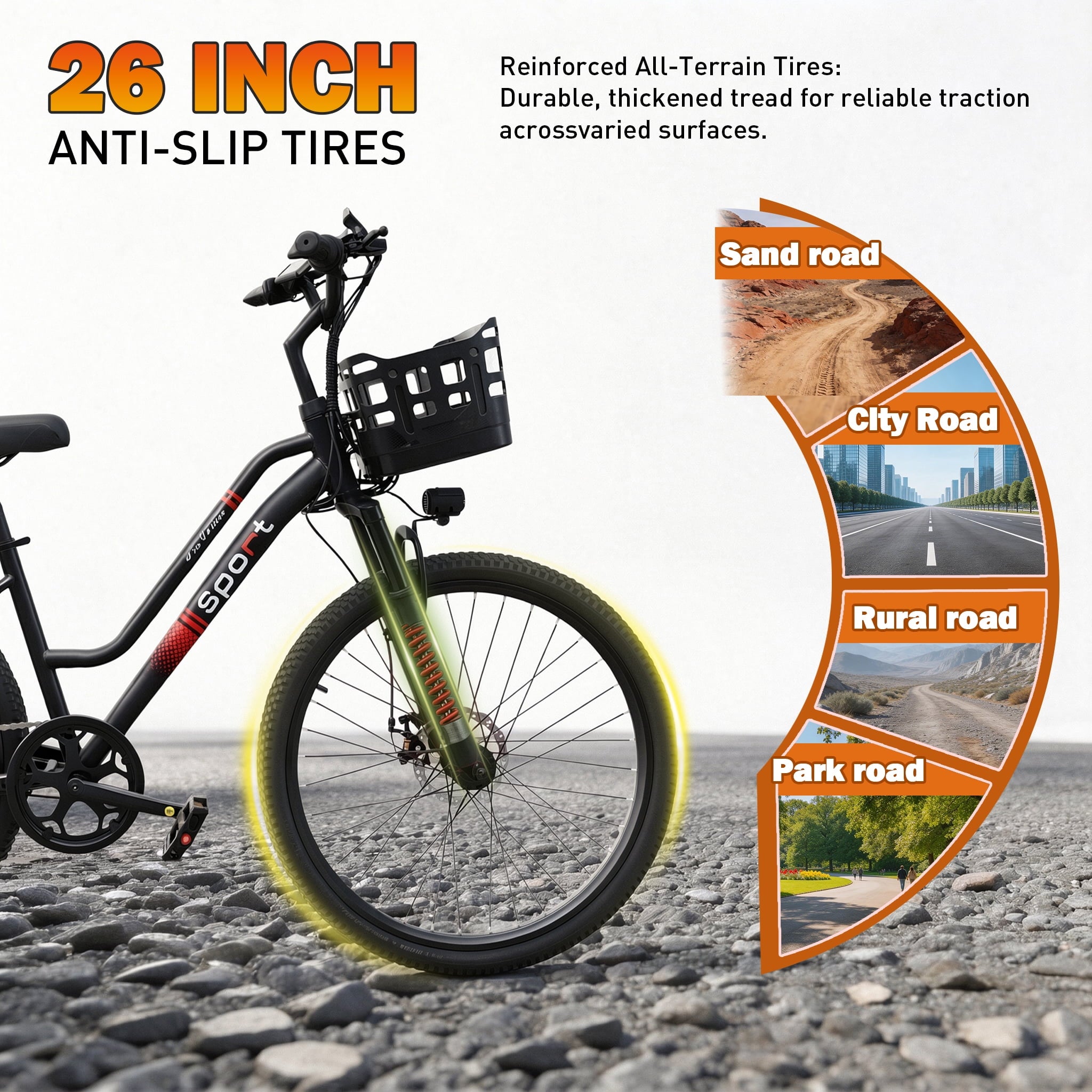 OwnGold Electric Bike with Basket,750W Peak Motor 25MPH 35+ Miles,432Wh Battery,26Commuter Ebike for Adults,7-Speed,UL2849 Electric Bikes