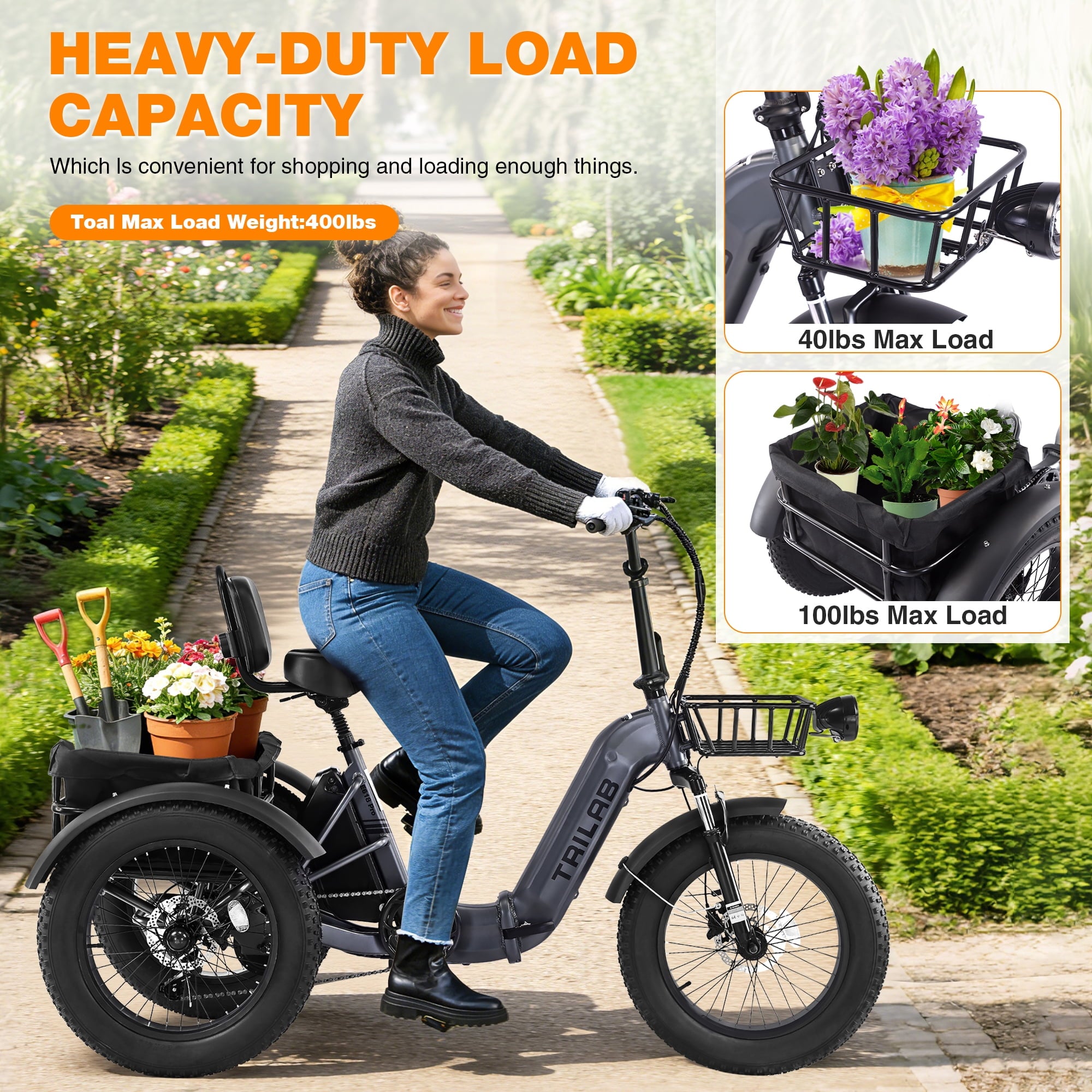 Meghna 20 inch Electric Tricycle 48V Max Speed 15 MPH Foldable 7 Speed Large Capacity Max Load 275 lbs Black Electric Bikes