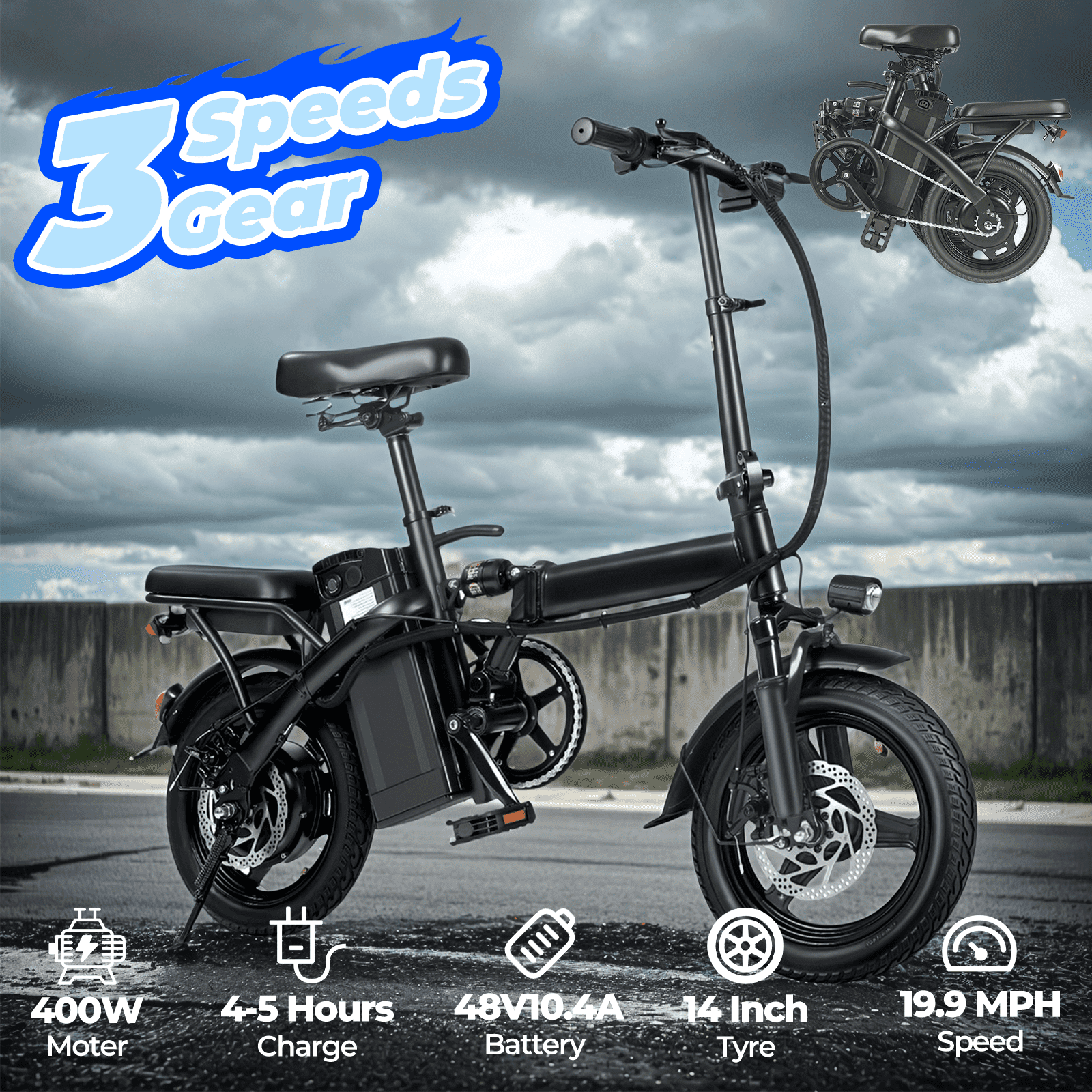 Portable Terrosor Electric Bicycle - 14 Foldable Design, Dual Disc Brakes, 20mph Max Speed, Includes Storage Basket Electric Bikes