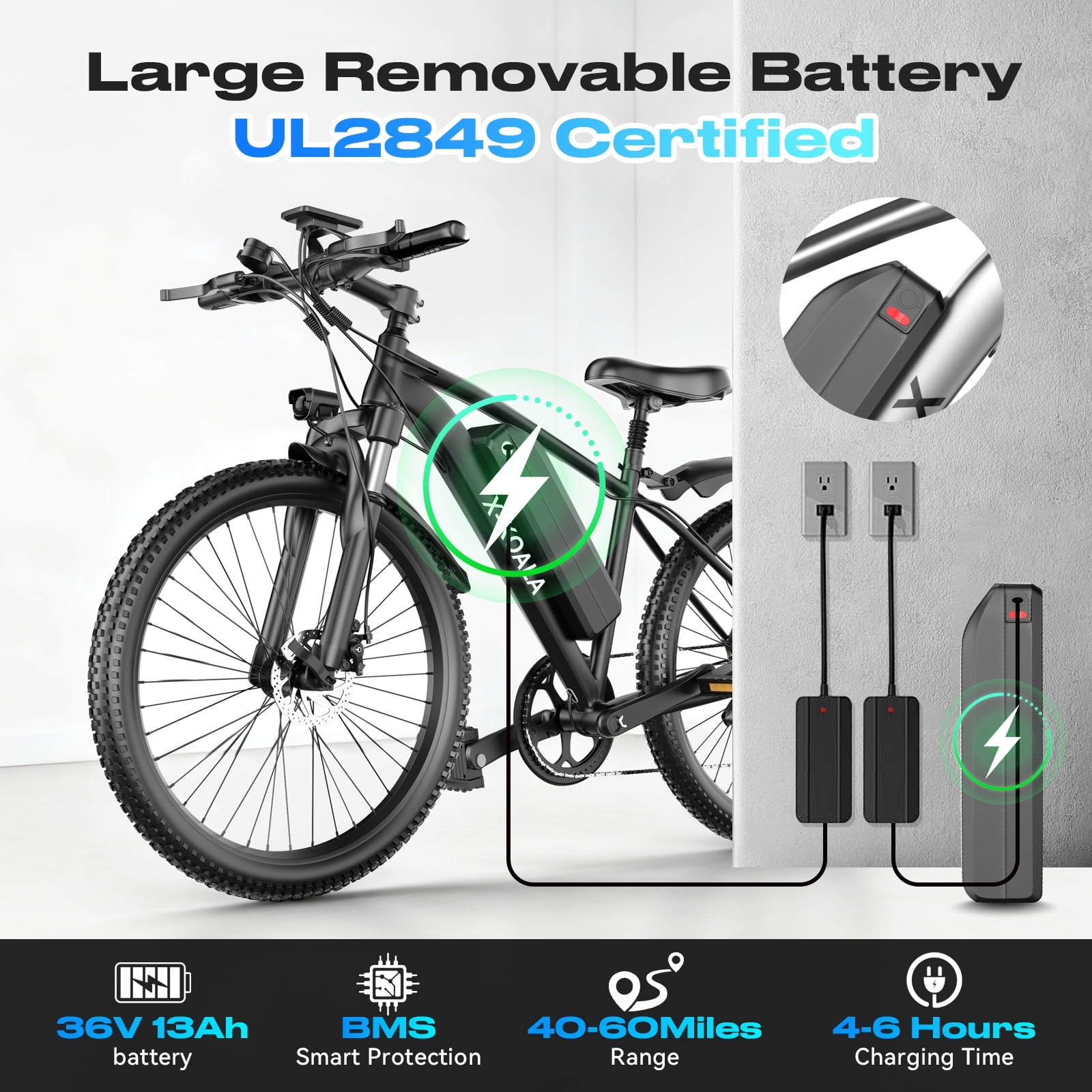 Electric Bike for Adults,1200W Peak Ebike, 50Miles 25MPH Commuting Electric Mountain Bike, 26 Adult Electric Bicycle with Removable Battery, 21 Speed,UL All Terrain E-Bike (Silver-55 Miles) Electric Bikes