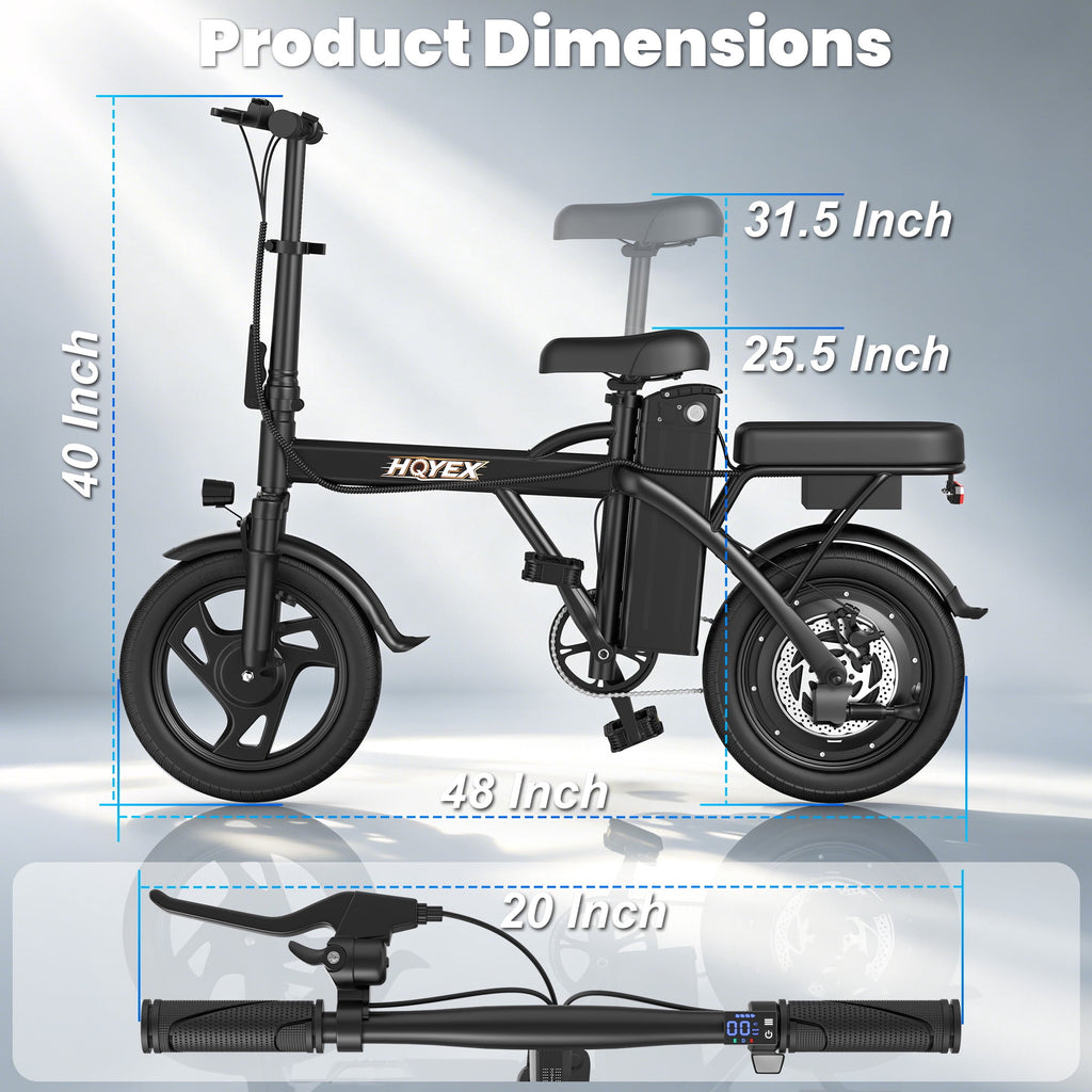 HQYEX HQ14PRO 500W Adult Electric Bicycle, 14 Inch Fat Tire Ebike with 48V 9Ah Rechargeable Battery, Max Speed 22MPH, Dual Brakes & Full Suspension, Adjustable Seat, Perfect for Commuting E Bike Electric Bikes