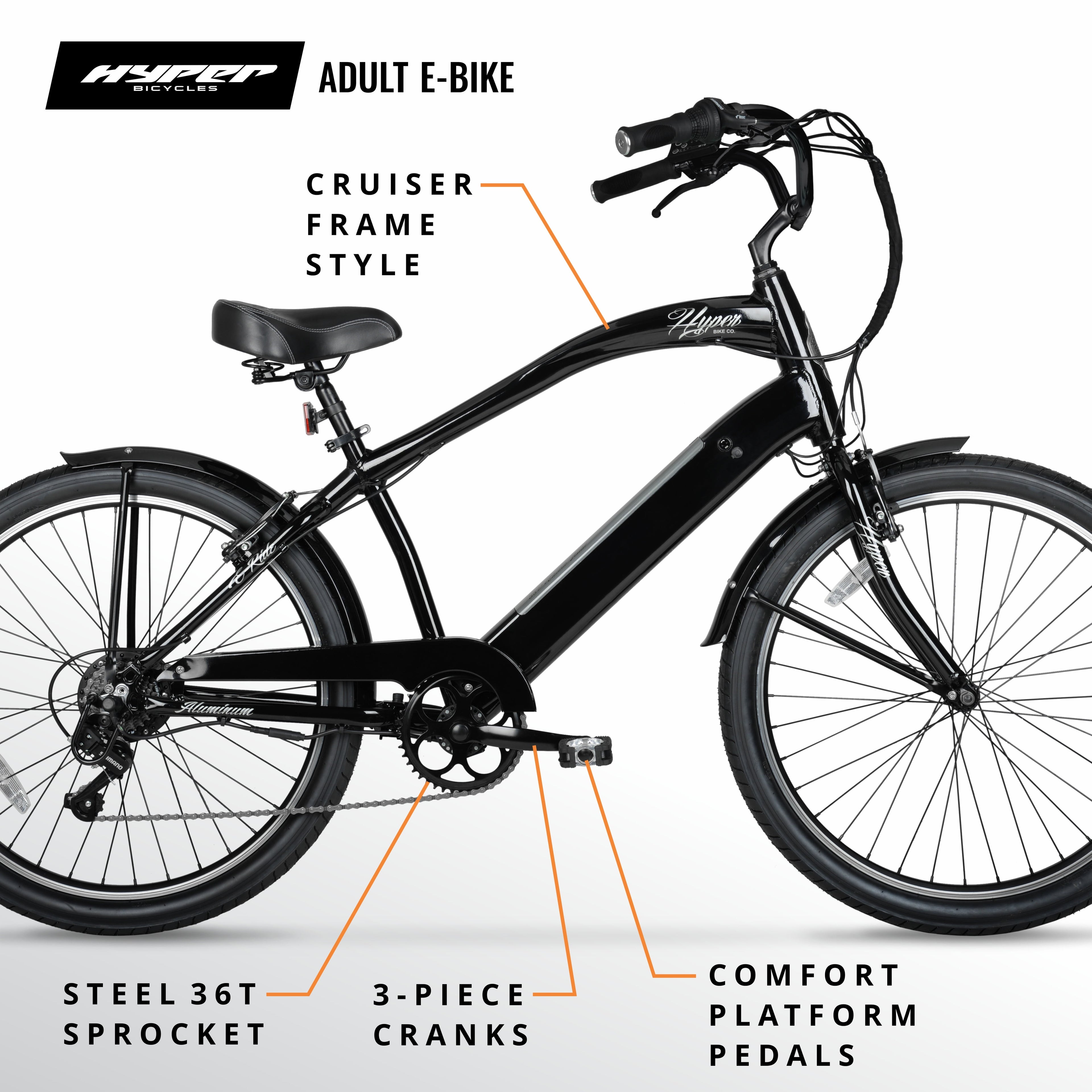 Hyper Bicycles 26 36V Men's Electric Cruiser E-Bike with Pedal-Assist, 250W Motor, Black Electric Bikes