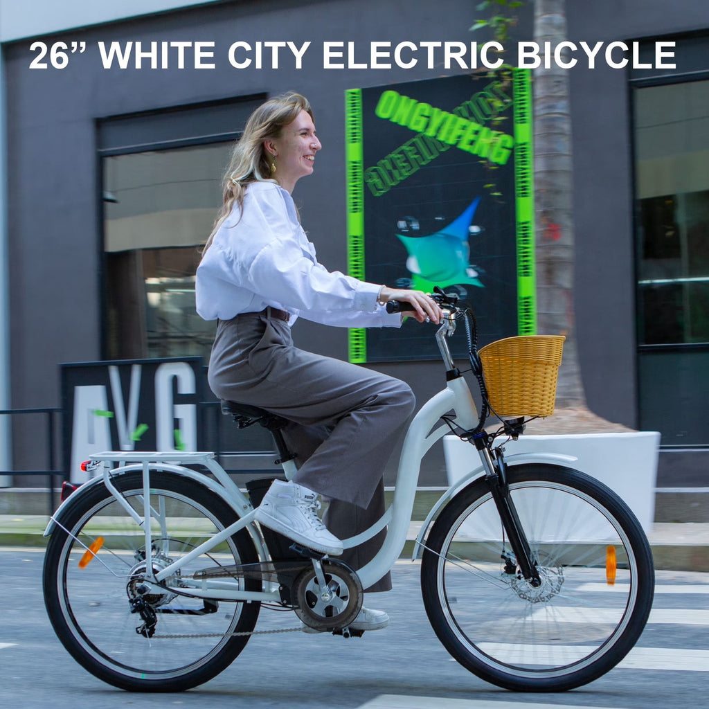 Electric City Bike for Adults 26,Peak 750W E-Commuter Bikes 48V 10AH UL2849,White Electric Bikes